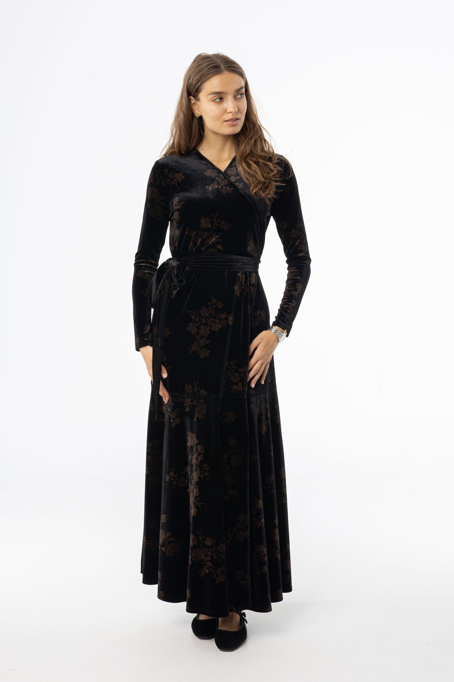 Black & Brown Printed Velour Wrap Dress