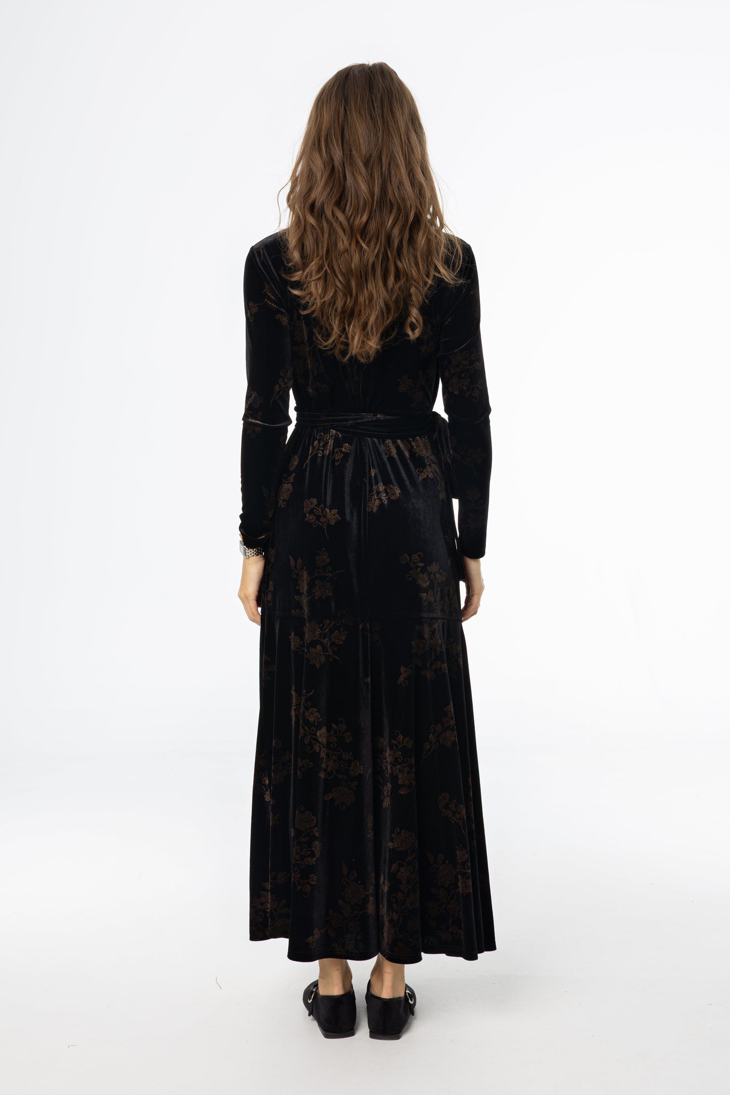 Black & Brown Printed Velour Wrap Dress