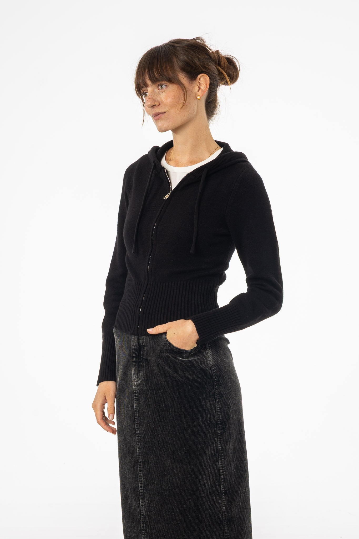 Black Zipper Knit Hoodie
