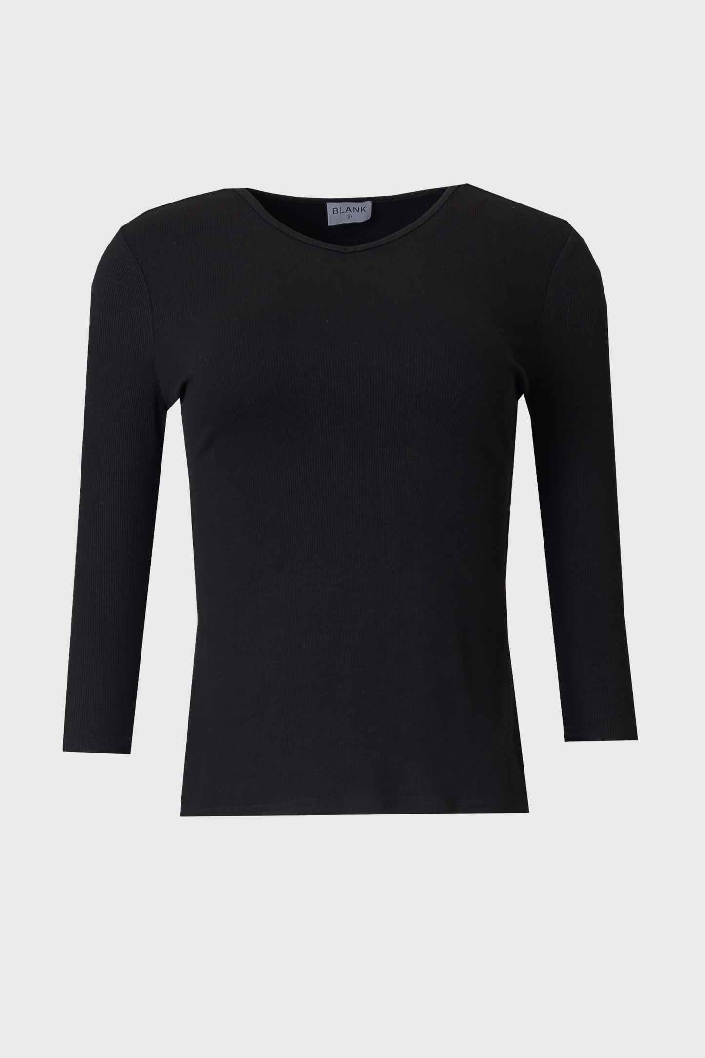 Black Ribbed Round Neck 3/4 Sleeve T-Shirt