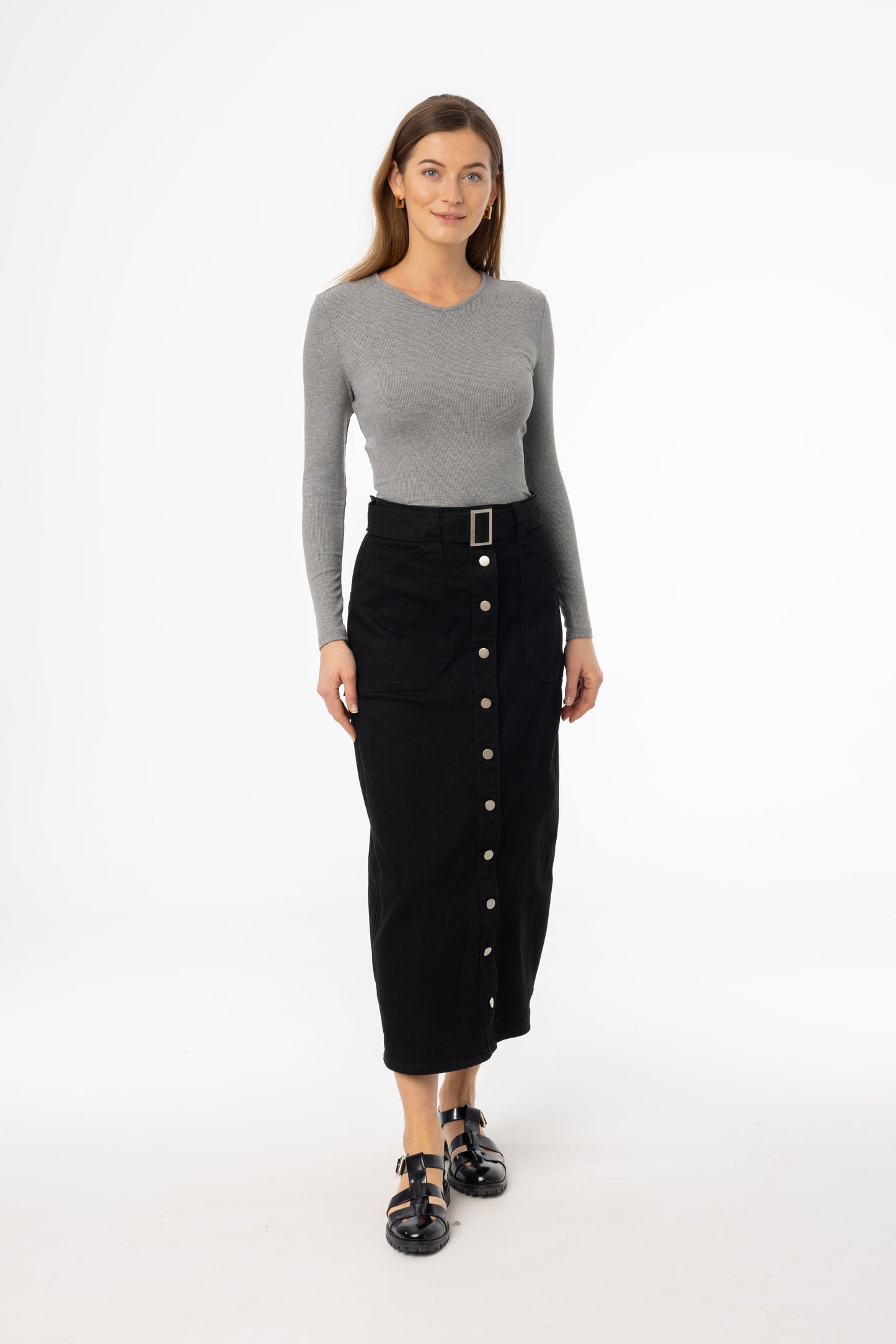 Black Belted Button Down Denim Skirt