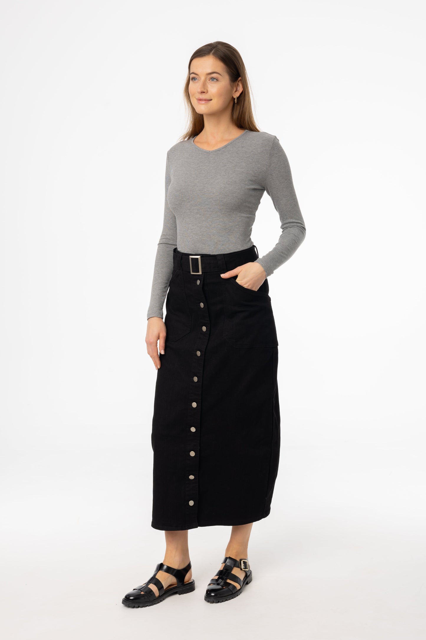 Black Belted Button Down Denim Skirt
