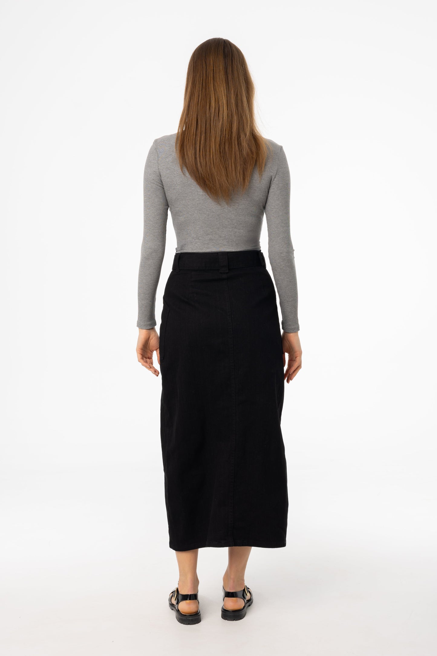 Black Belted Button Down Denim Skirt