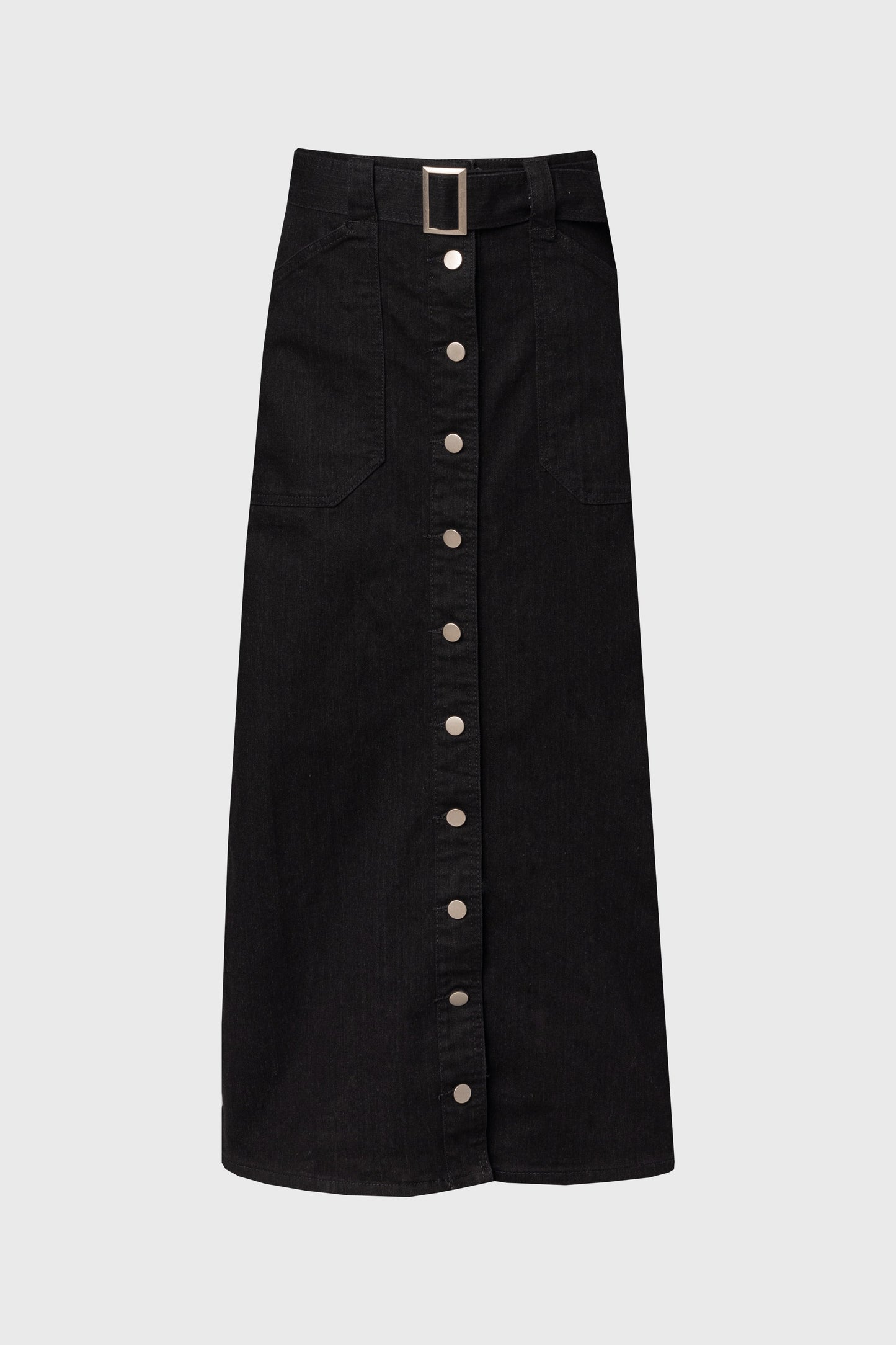 Black Belted Button Down Denim Skirt
