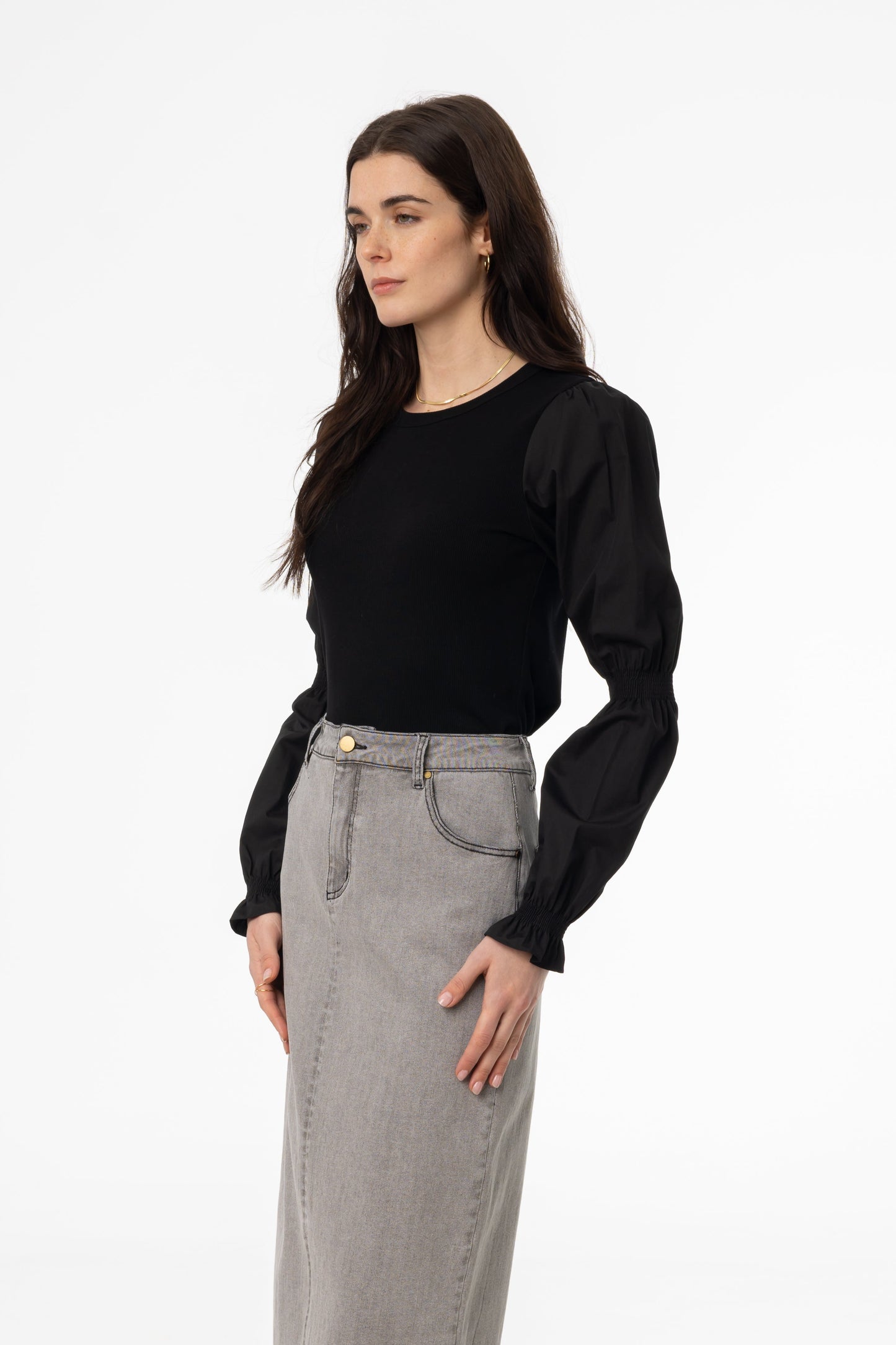 Black Combo Gathered Sleeve T-Shirt