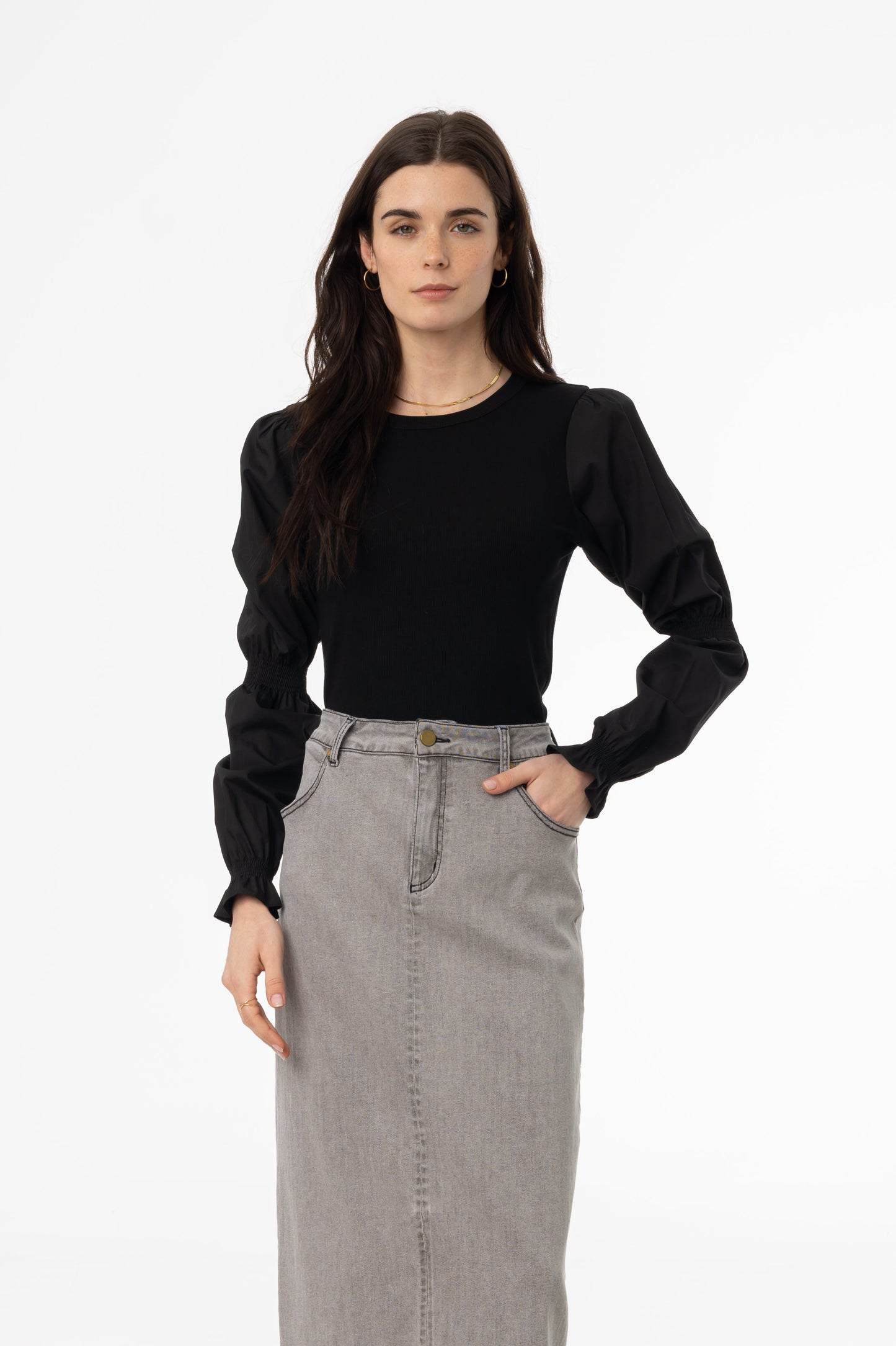 Black Combo Gathered Sleeve T-Shirt