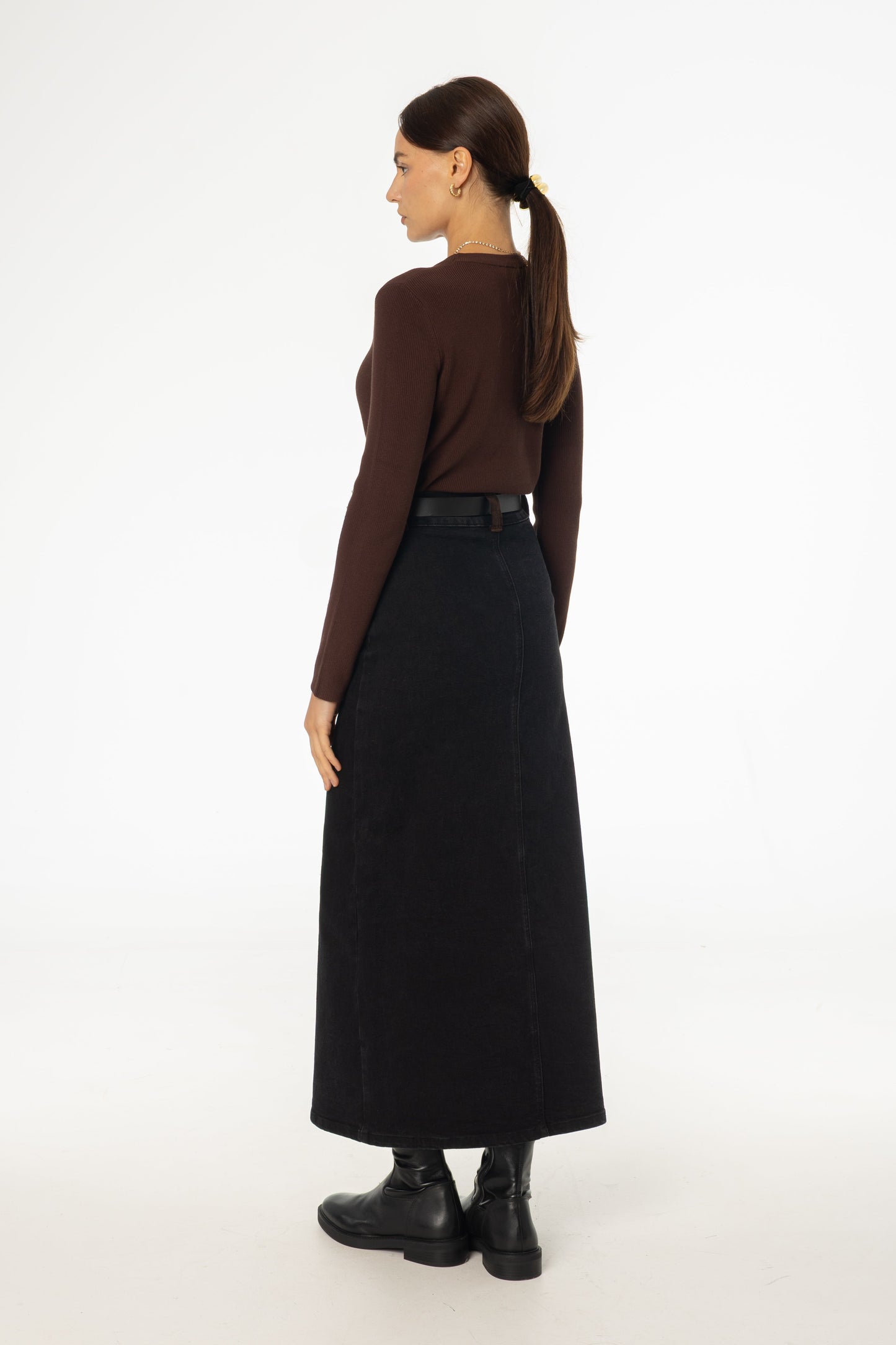 Black Corduroy Detail Denim Skirt