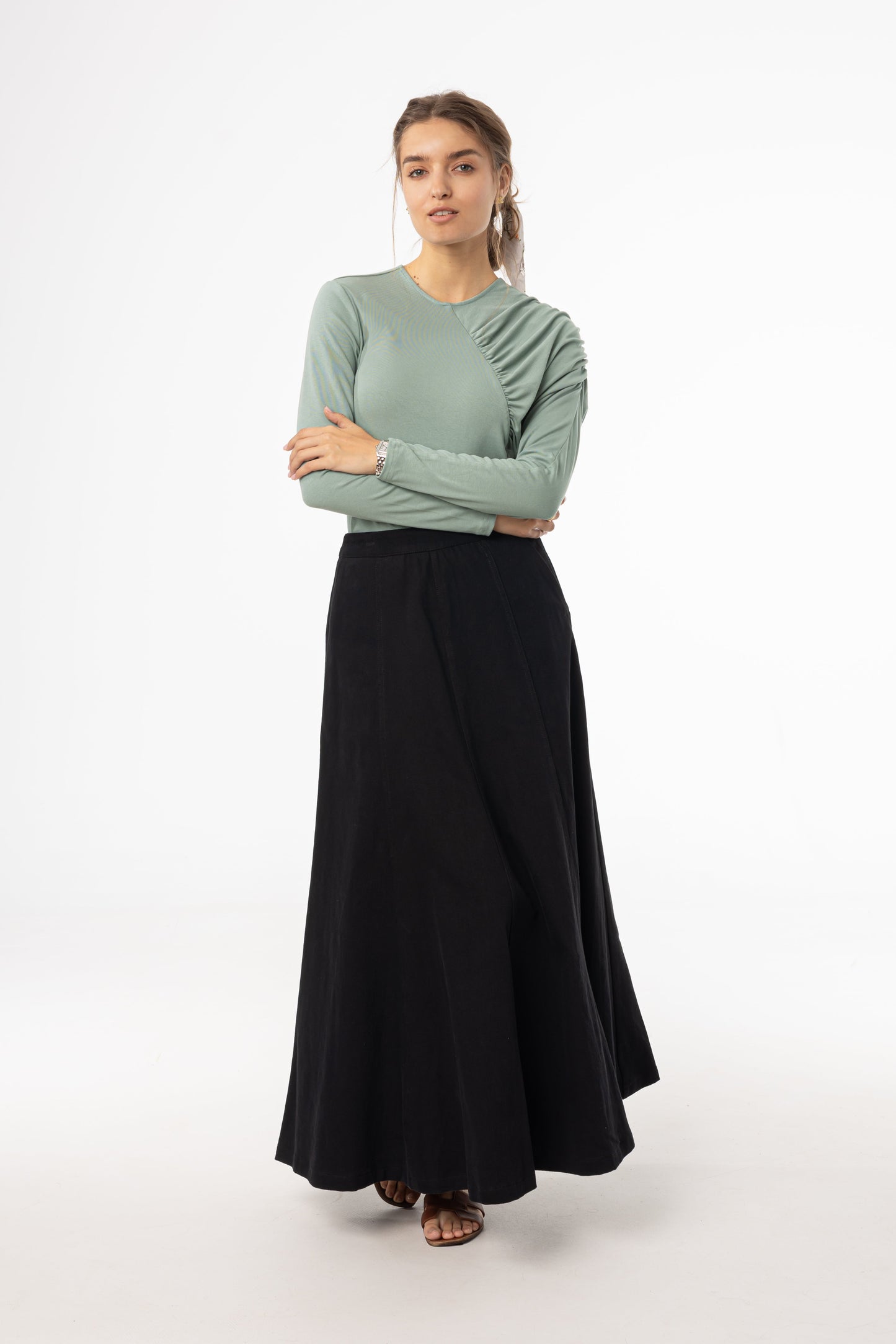 Black Flare Panel Denim Skirt