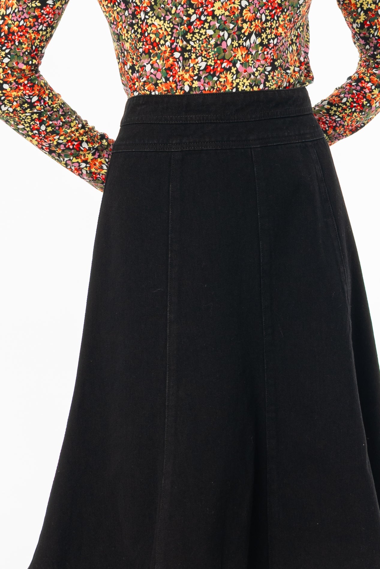 Black Flared Denim Skirt
