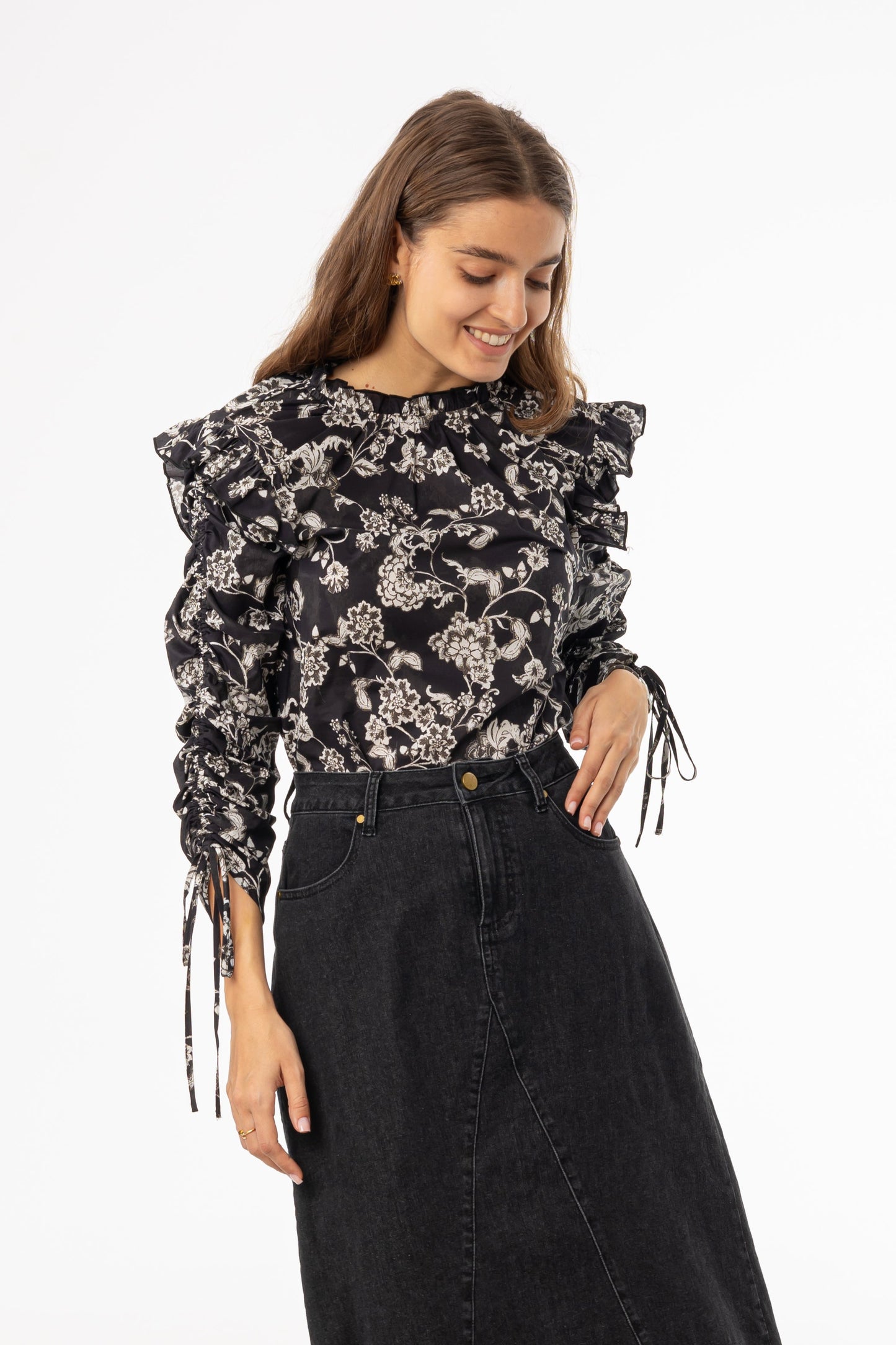 Black Floral Ruffle Blouse
