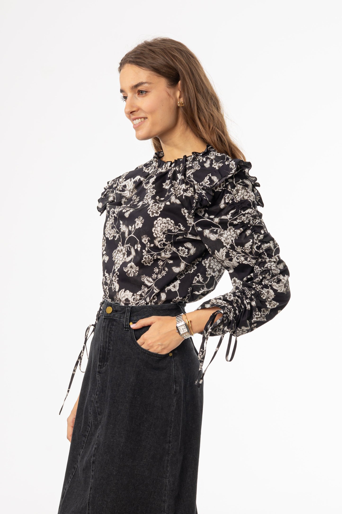 Black Floral Ruffle Blouse