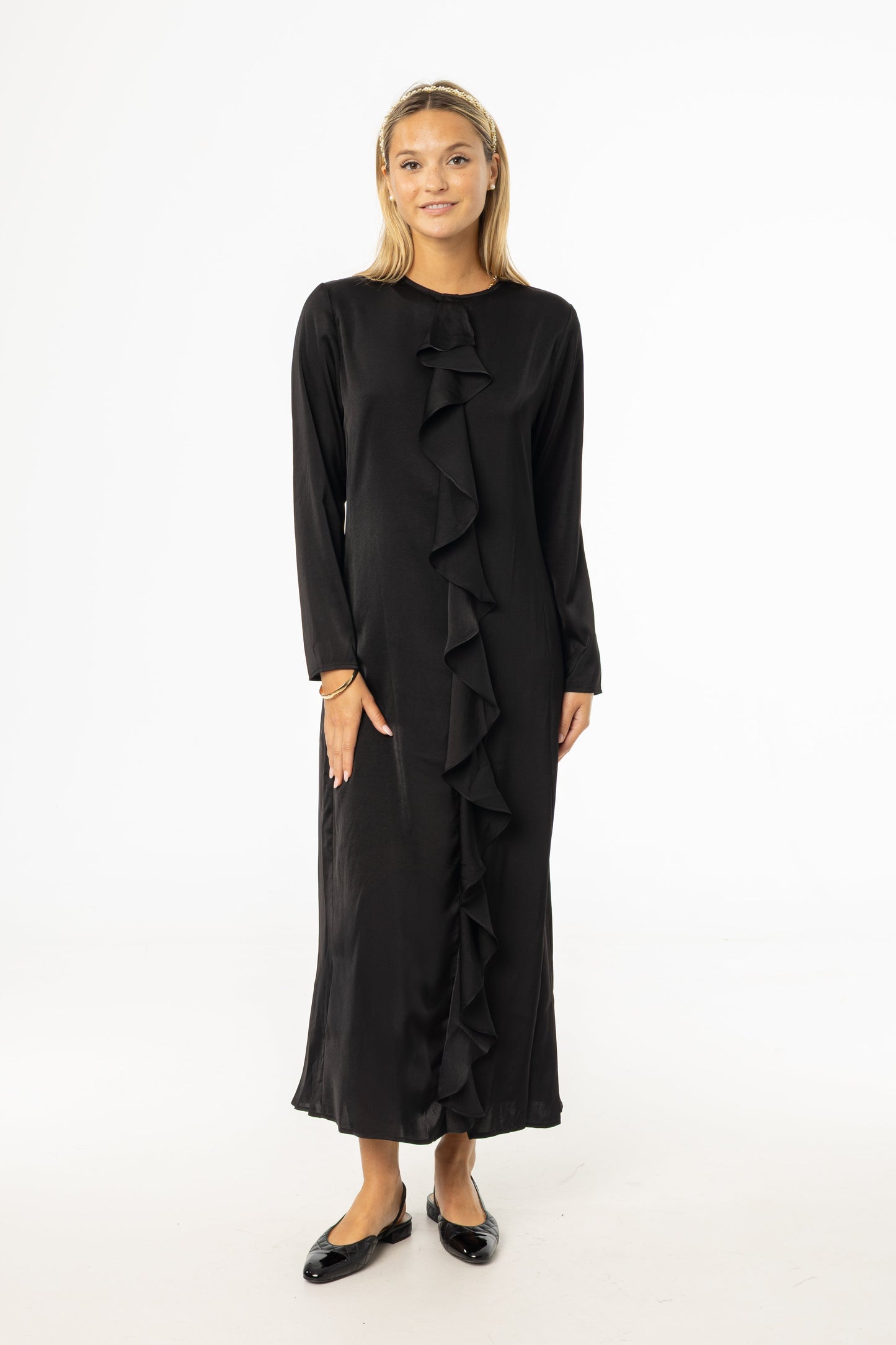Black Front Ruffle Silk Maxi