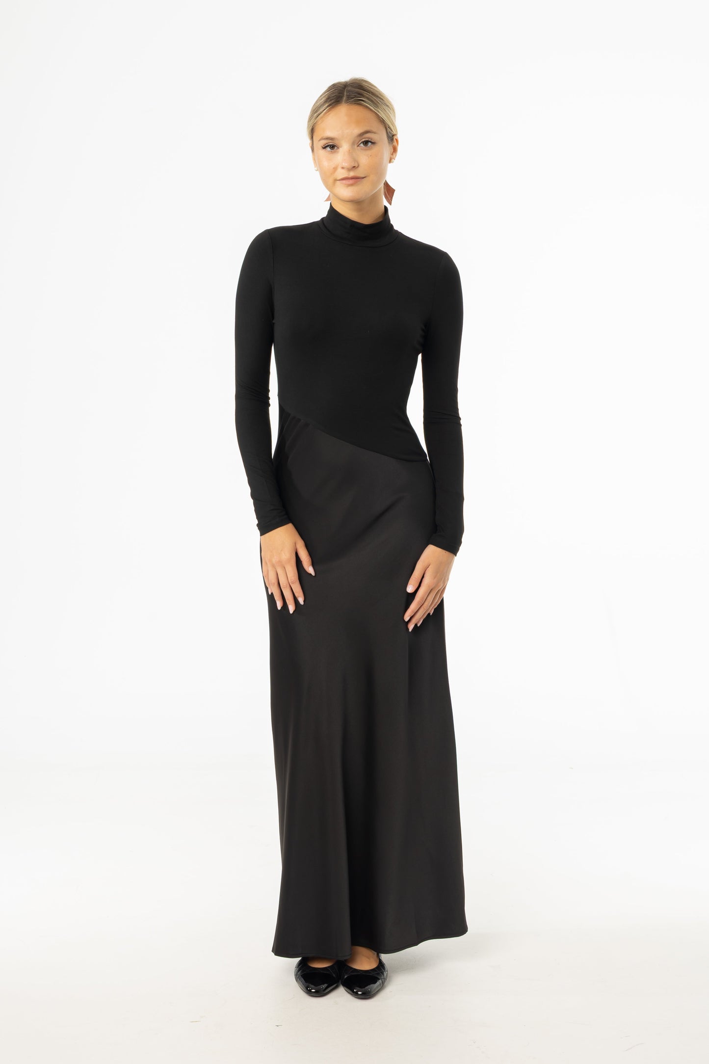 Black Combo Mock Neck Maxi Dress