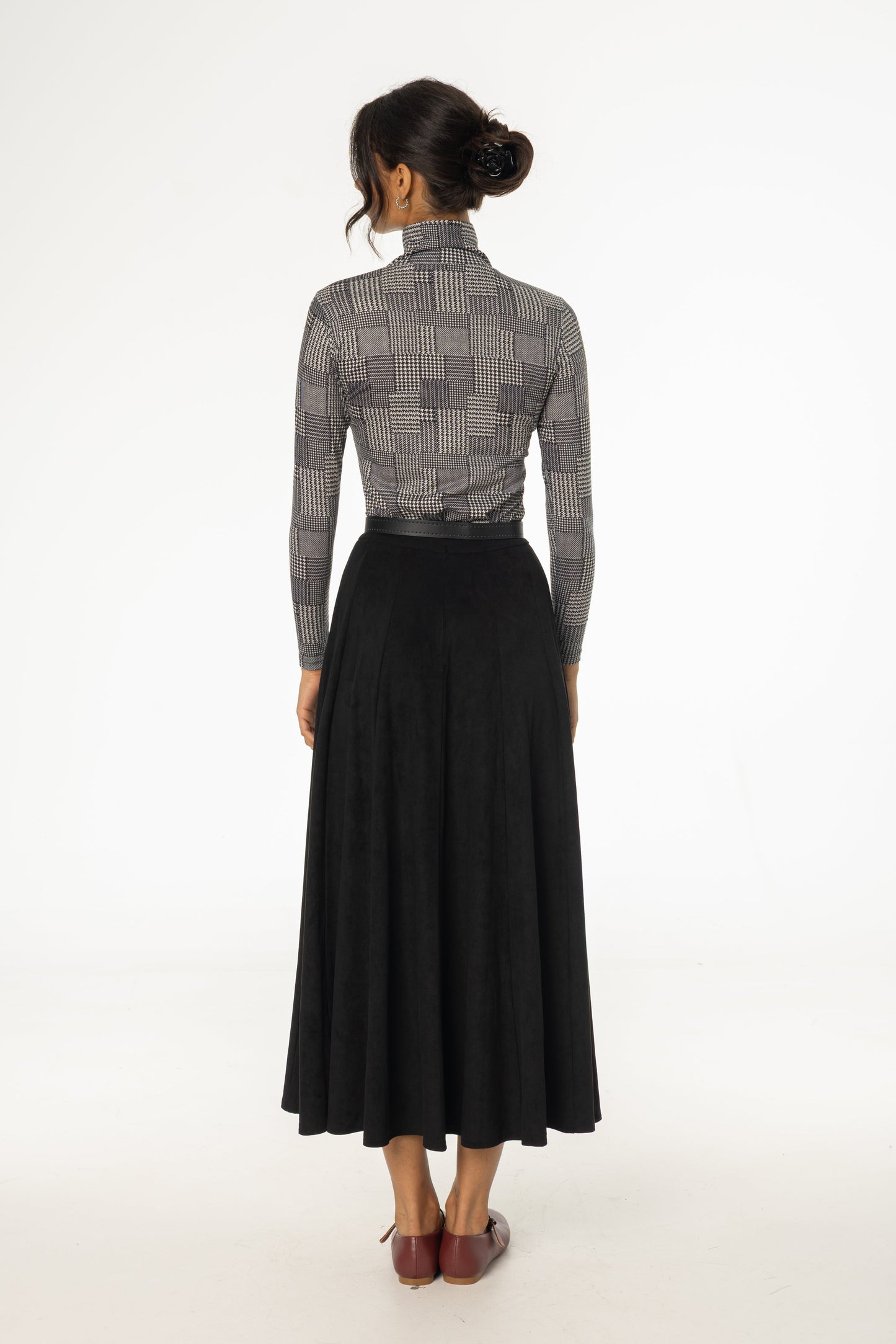 Black Paneled Microsuede Skirt