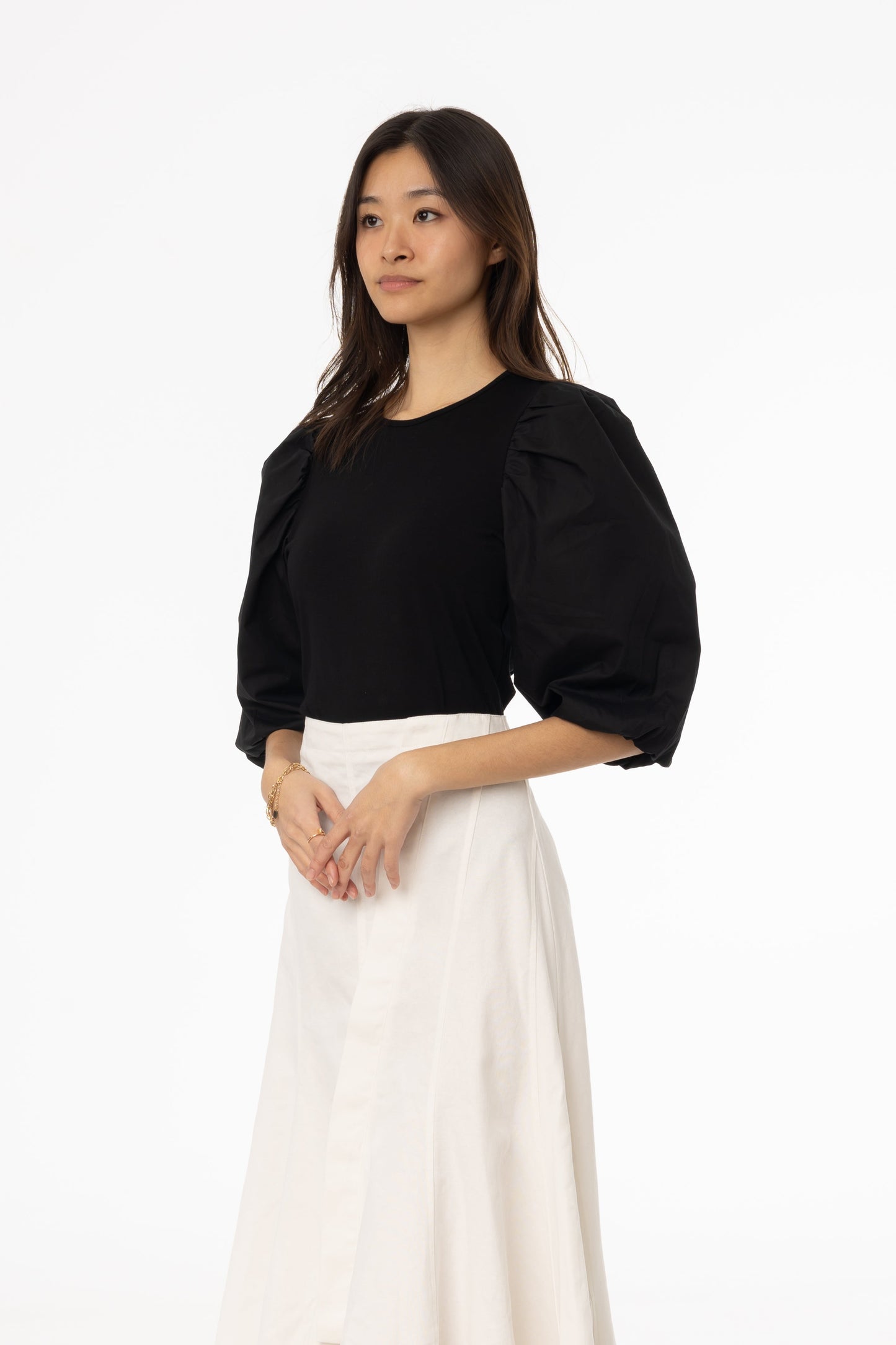 Black Puff Sleeve Mixed Fabric Tee