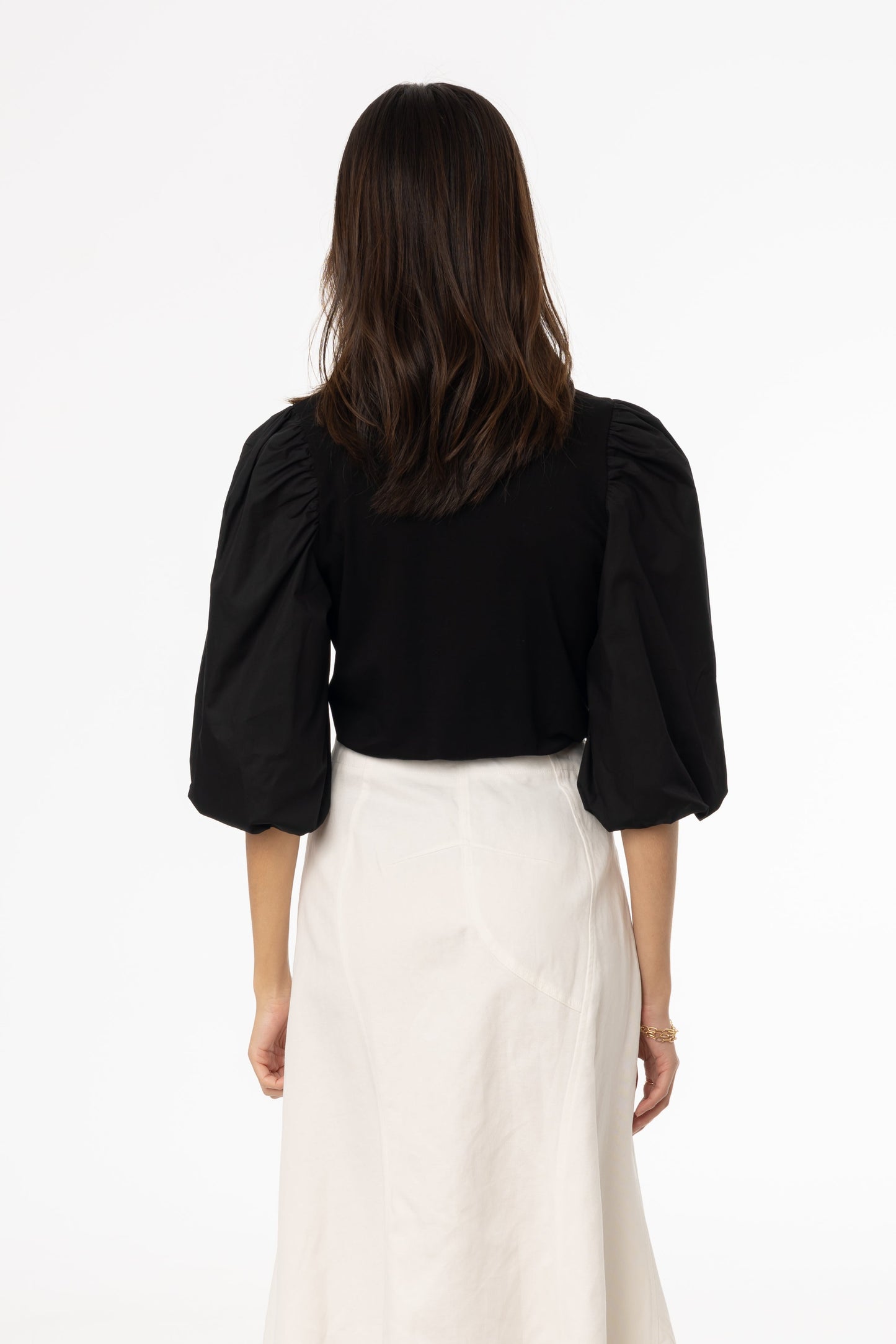 Black Puff Sleeve Mixed Fabric Tee