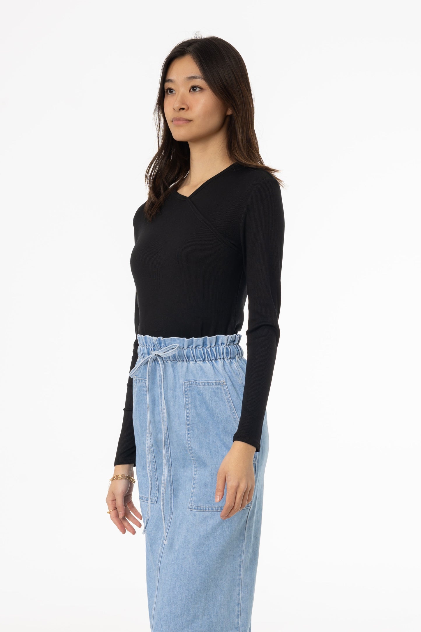 Black Ribbed Faux Wrap Tee