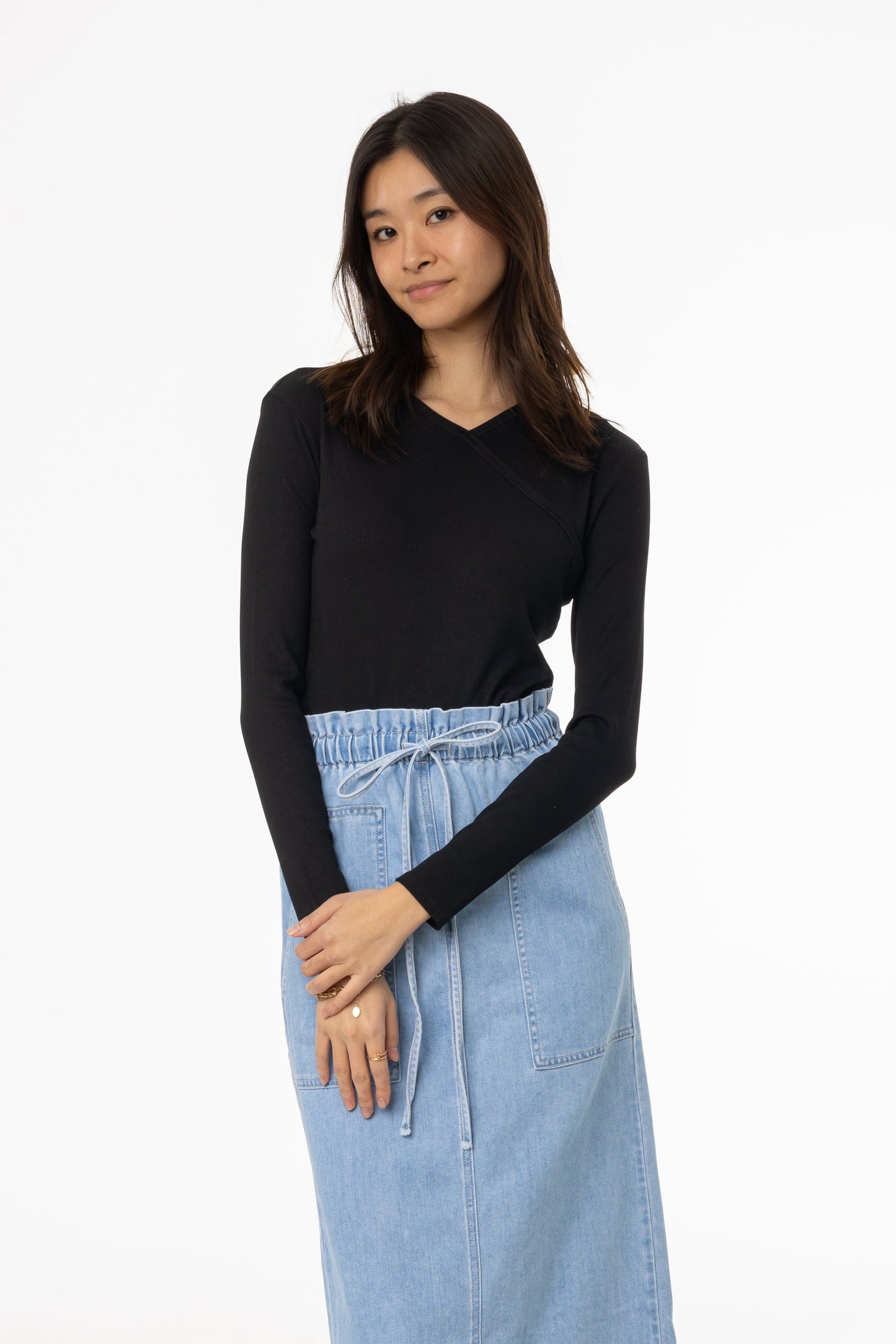 Black Ribbed Faux Wrap Tee