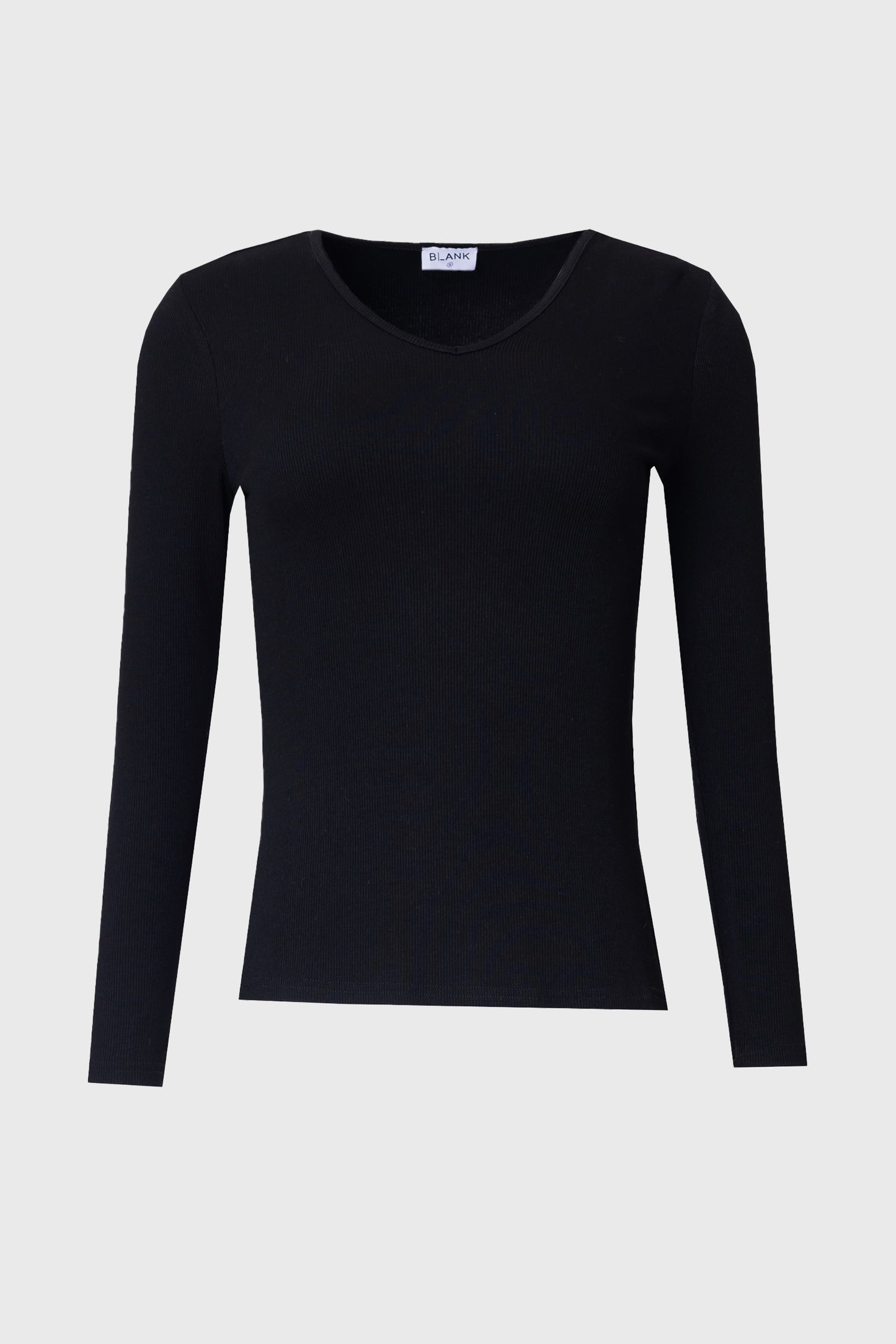 Black Ribbed V-Neck Long Sleeve Tee