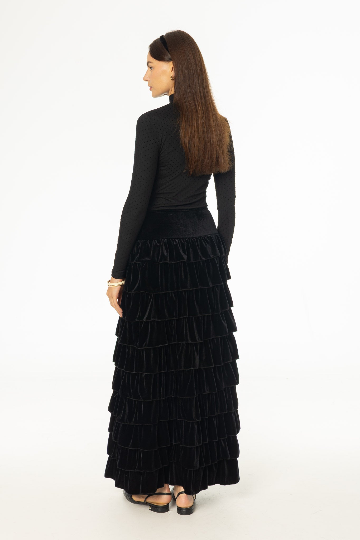 Black Ruffle Velour Maxi Skirt