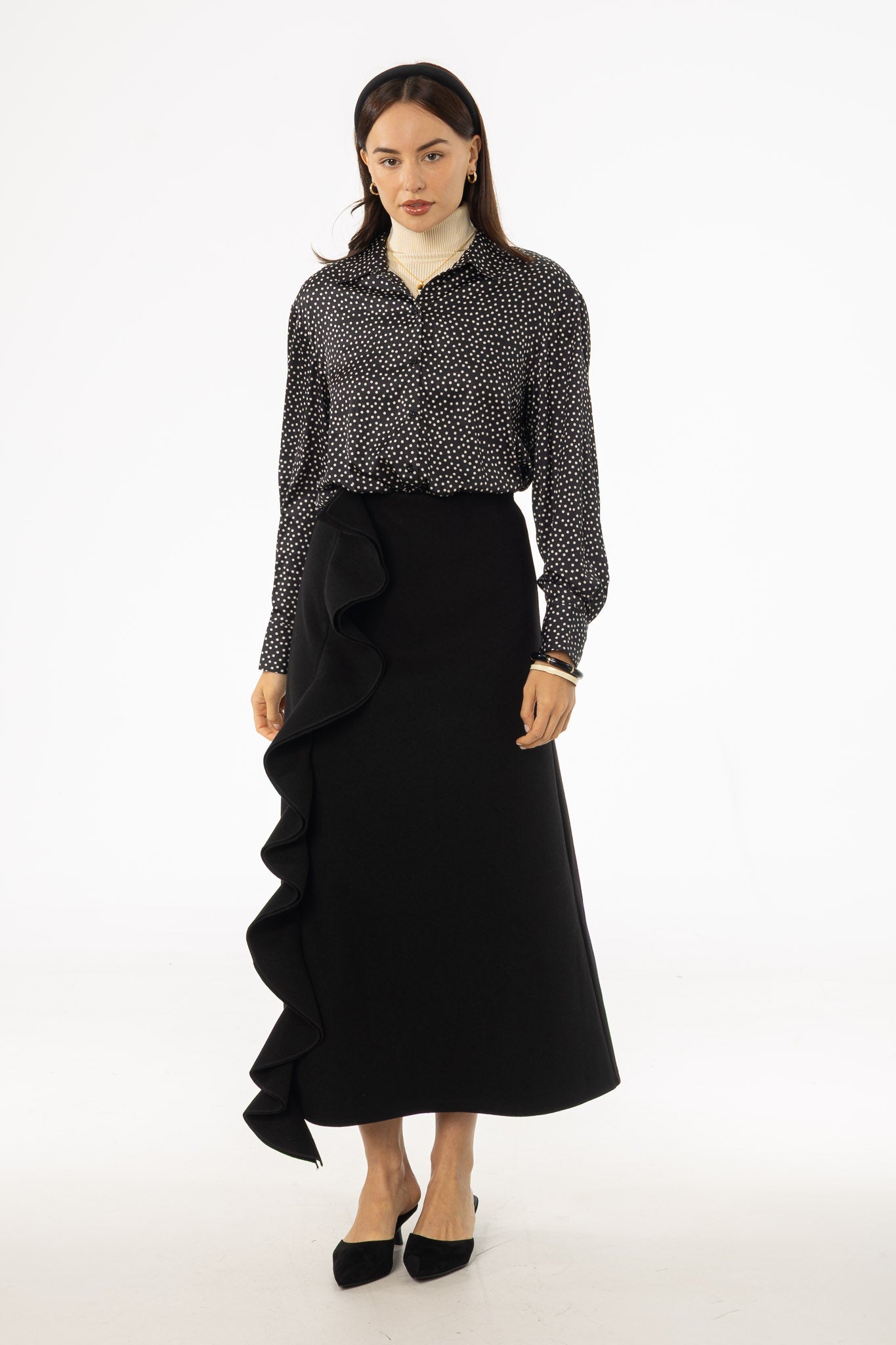 Black Ruffle Wool Maxi Skirt