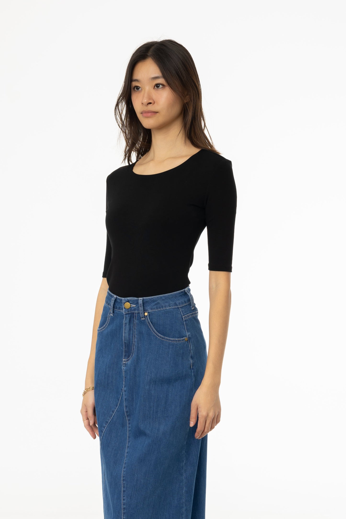 Black Solid Midi Sleeve Wider Neck Tee