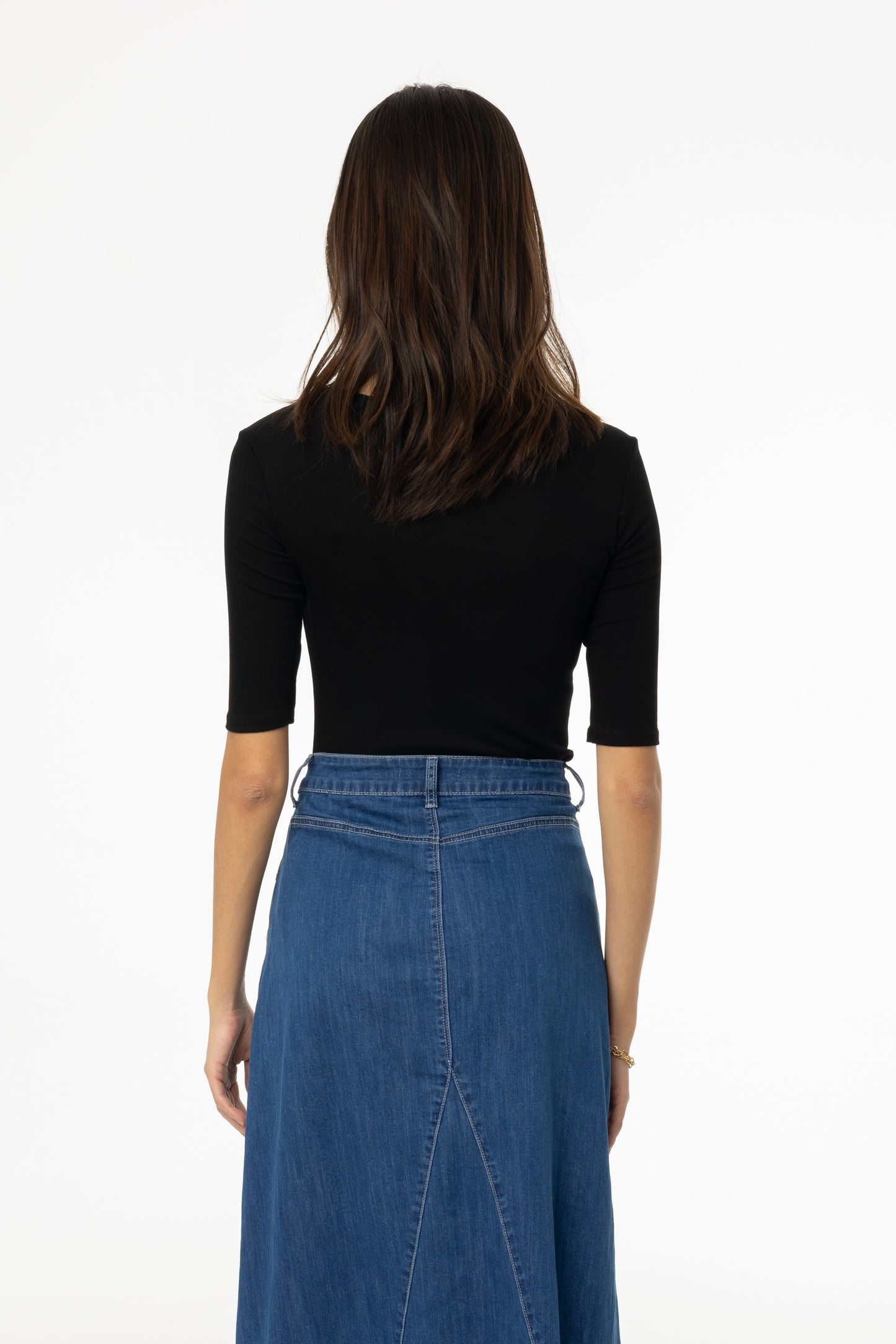 Black Solid Midi Sleeve Wider Neck Tee