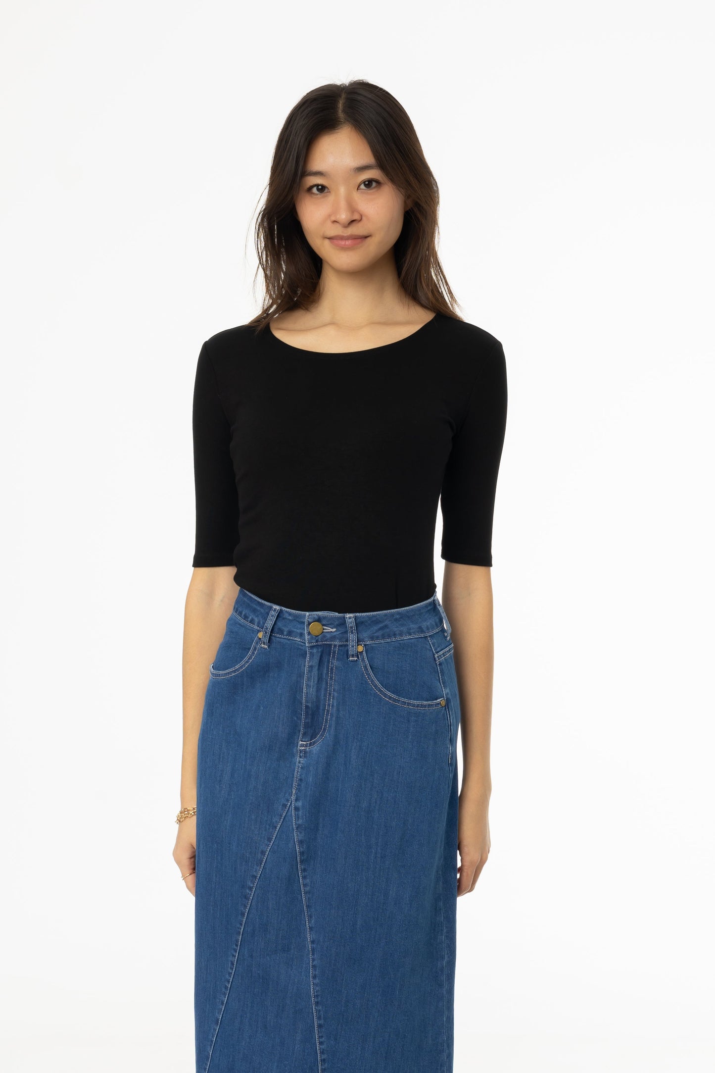 Black Solid Midi Sleeve Wider Neck Tee