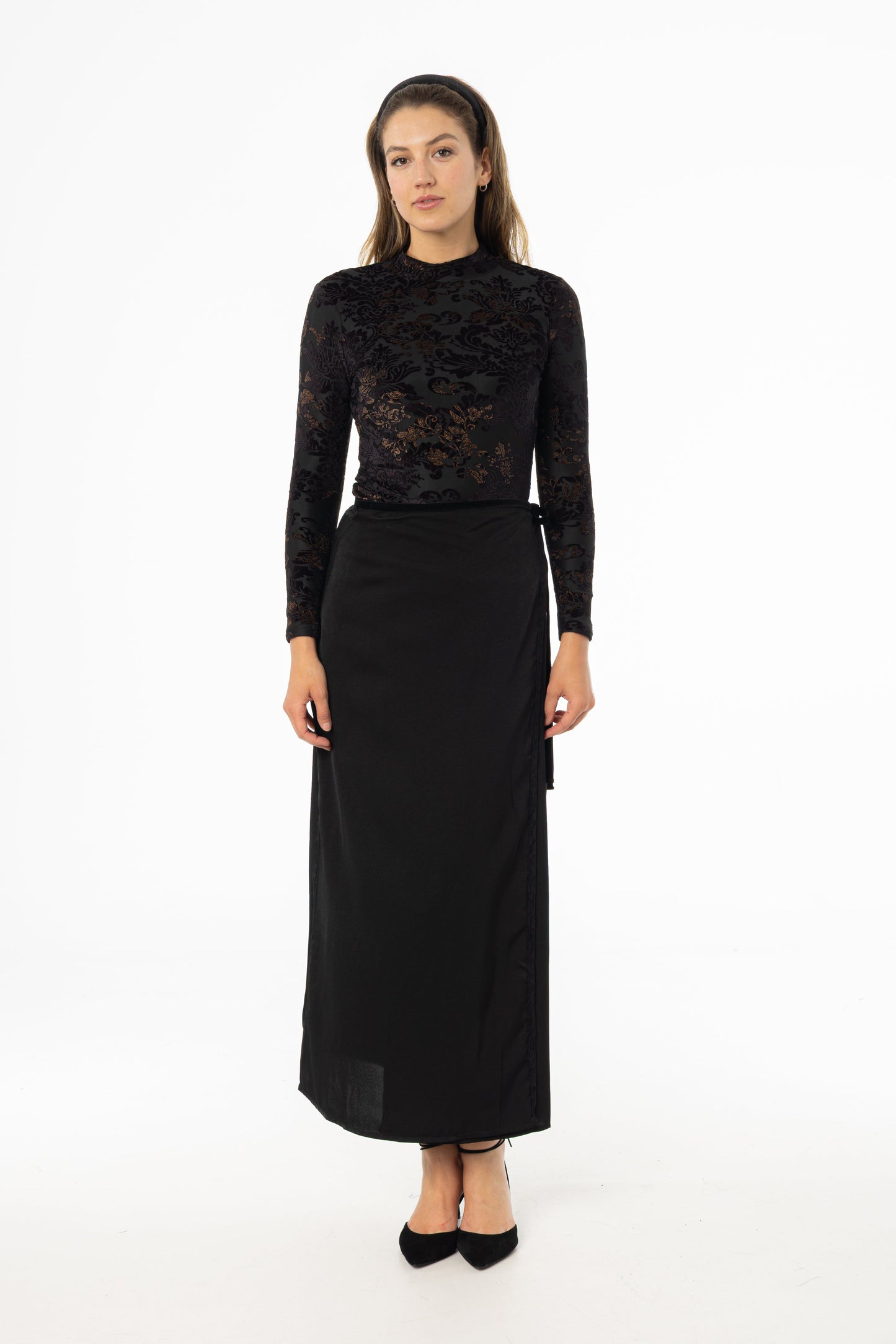 Black Velour Trim Wrap Skirt
