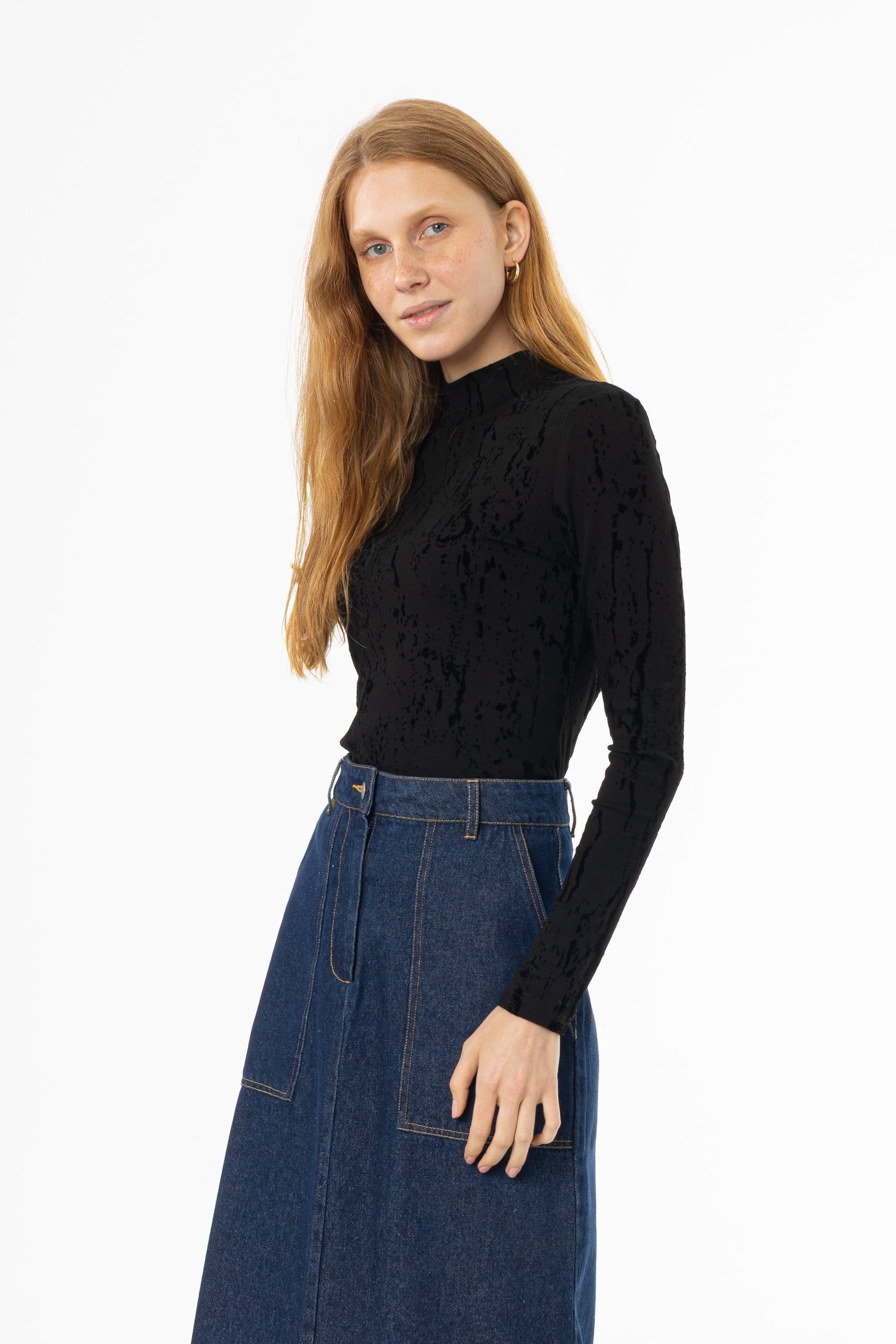 Black Velvet Detail Mock Neck Top