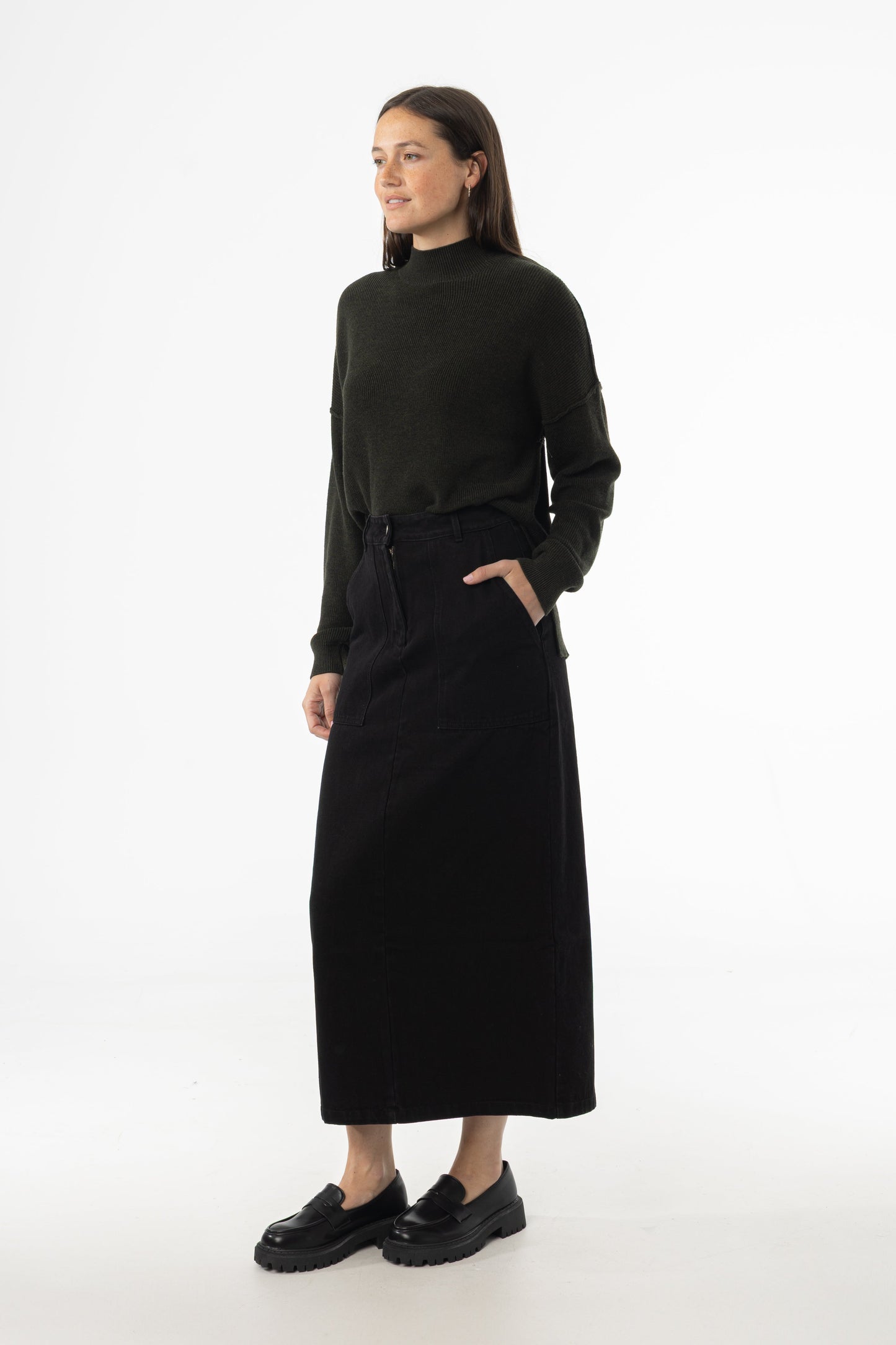 Black Exposed Pocket Denim Skirt