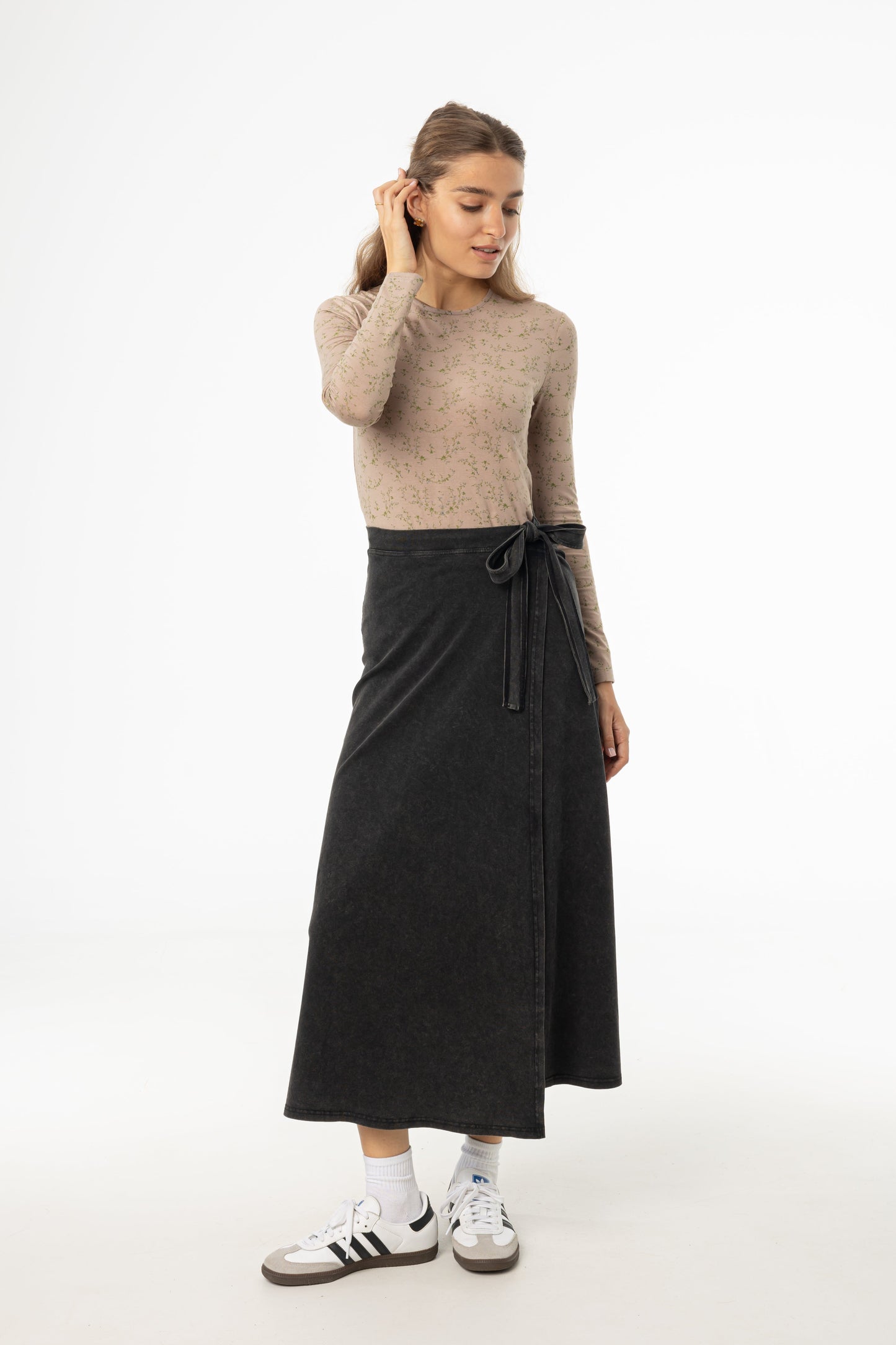 Black Wash Stretch Wrap Maxi Skirt