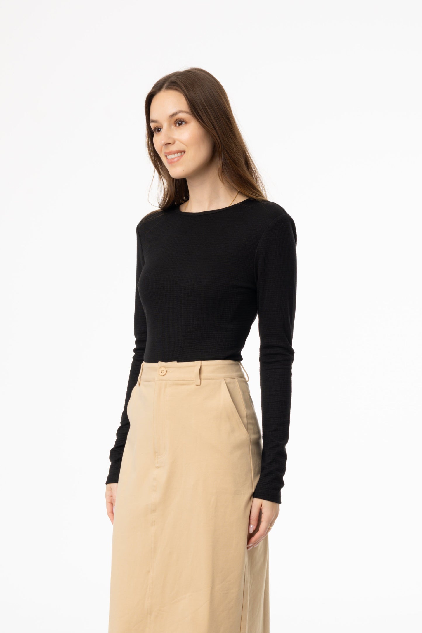 Black Waved Round Neck Long Sleeve T Shirt