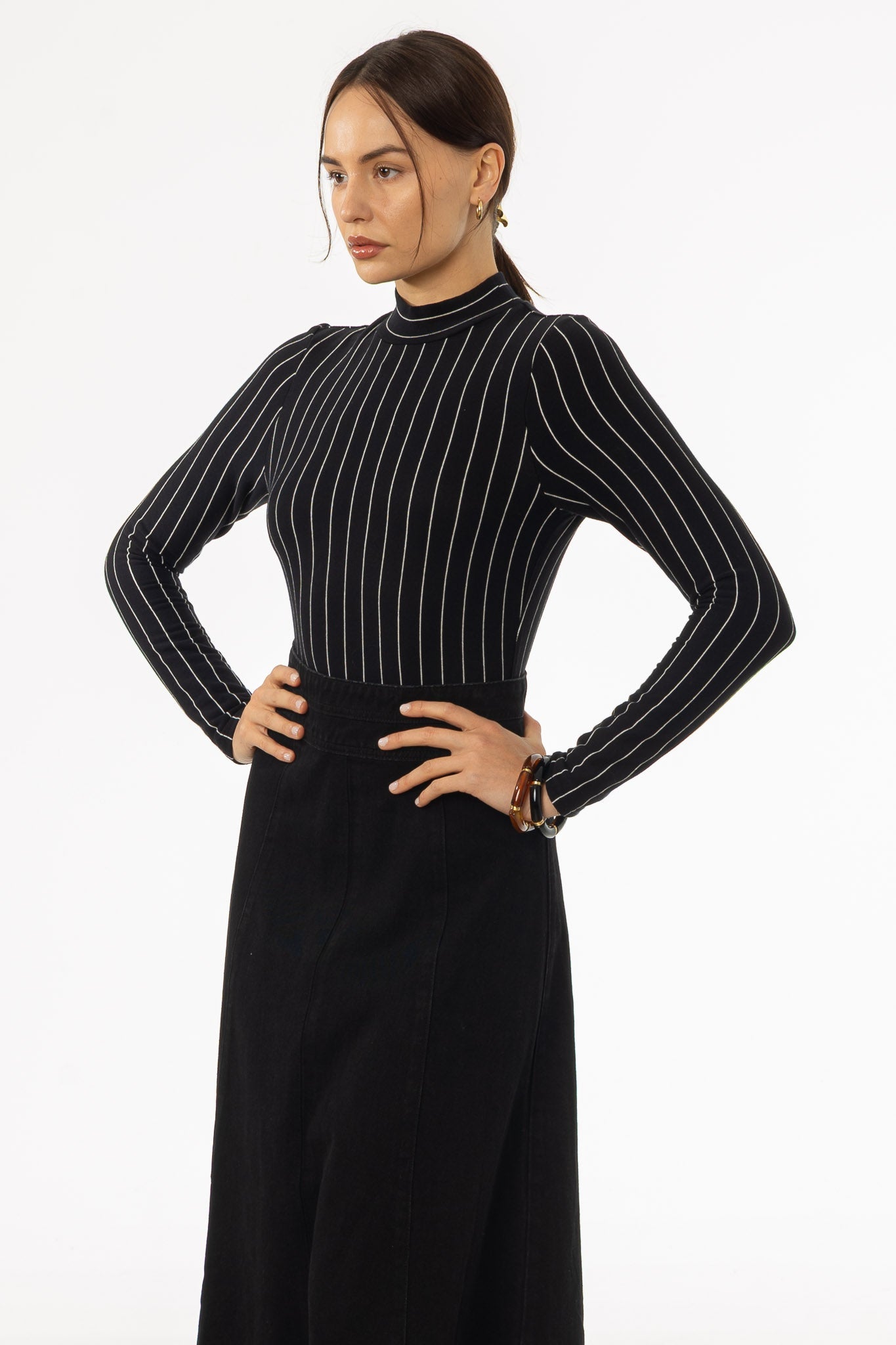 Black & White Striped Mock Neck Top