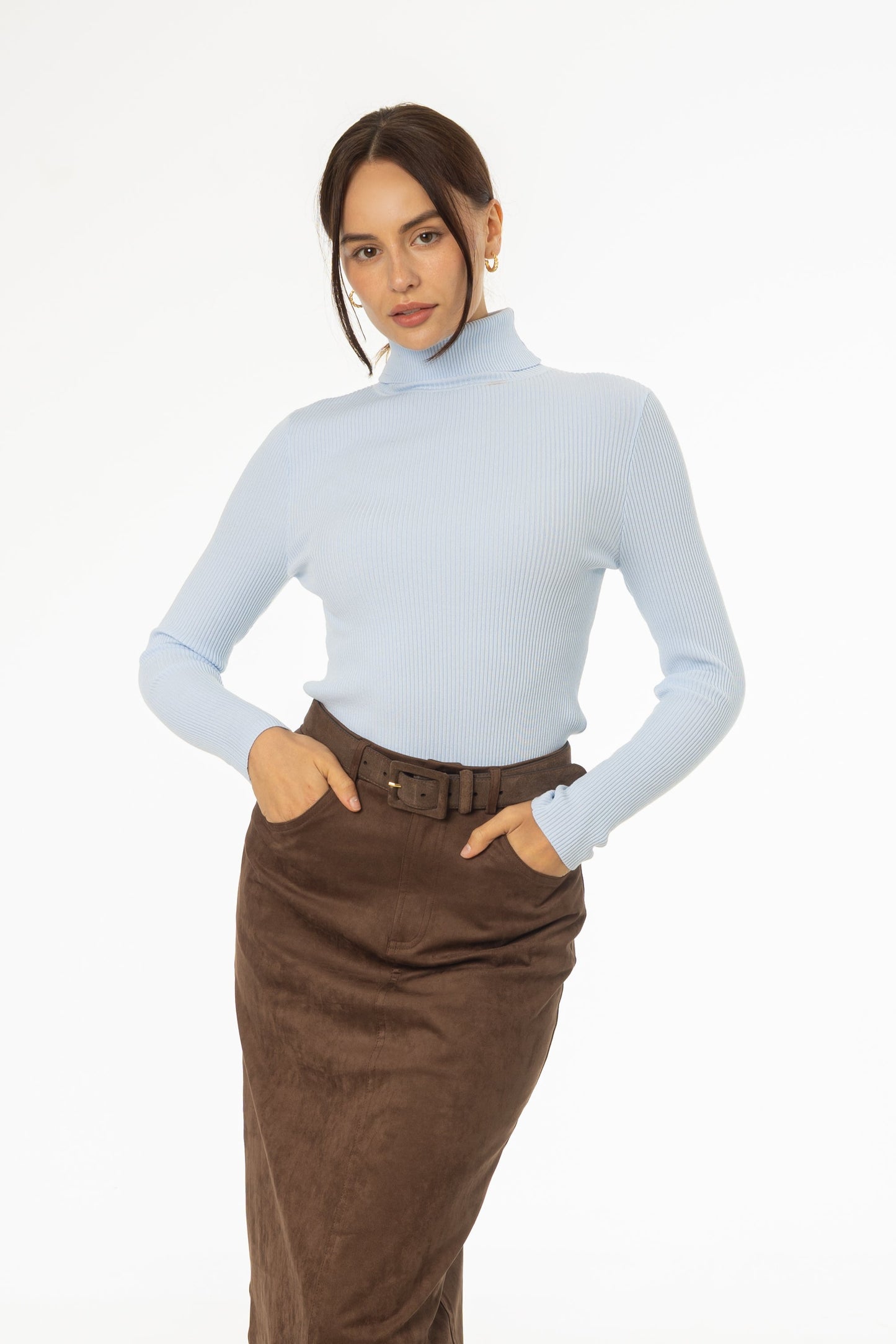Blue Basic Ribbed Knit Turtleneck