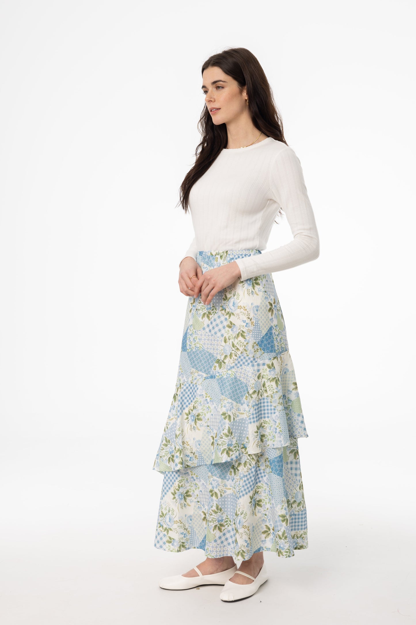 Blue Patchwork Print Ruffle Skirt