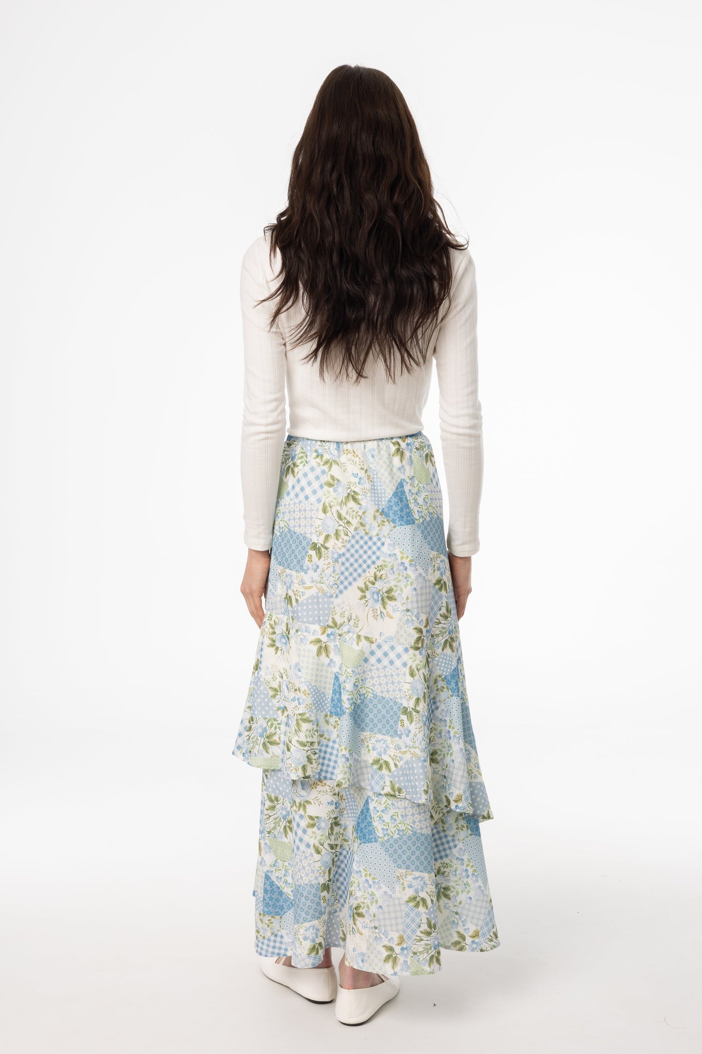 Blue Patchwork Print Ruffle Skirt
