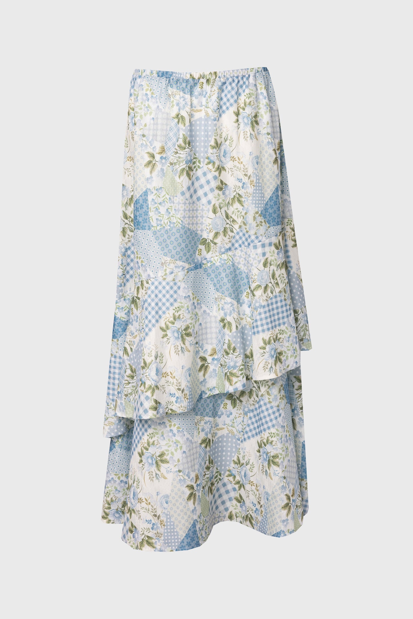 Blue Patchwork Print Ruffle Skirt
