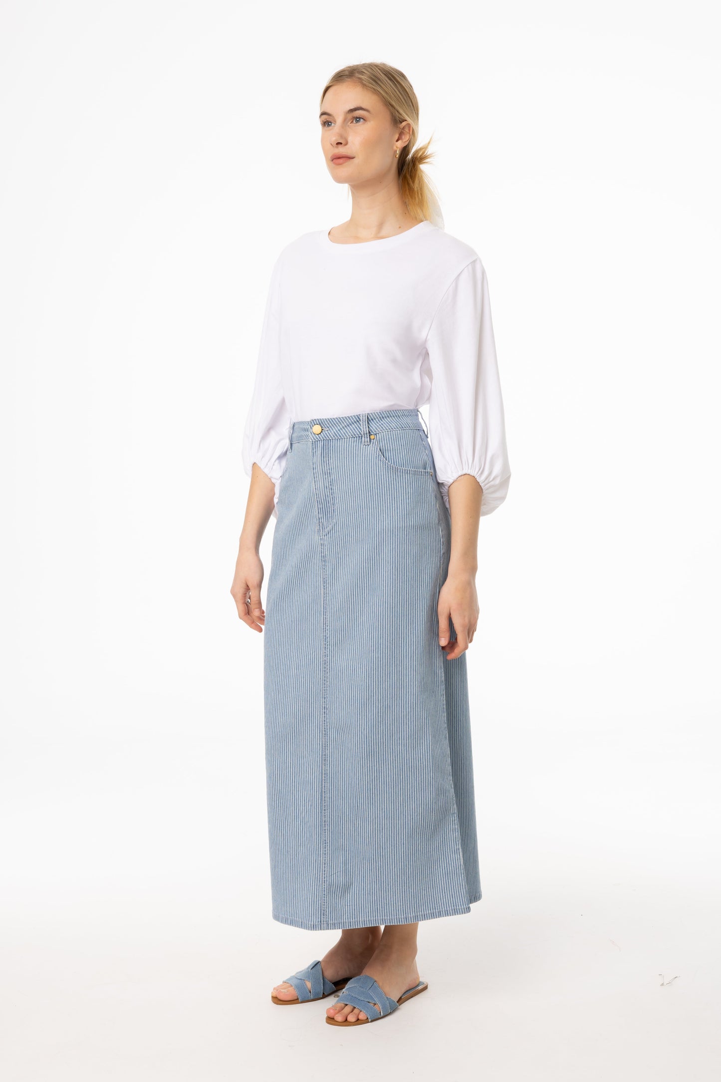 Blue Pinstripe Denim Skirt