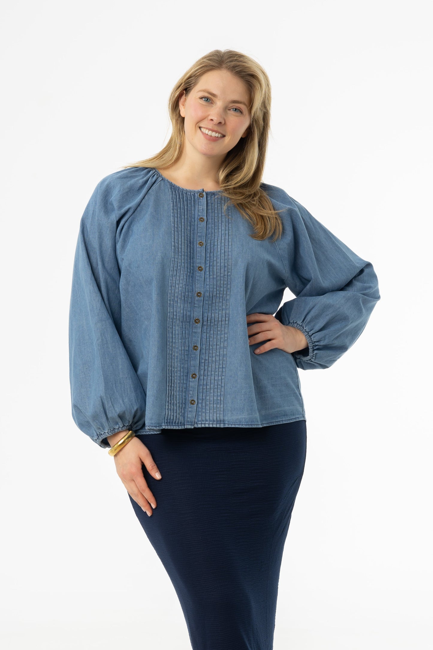 Blue Pintuck Denim Blouse