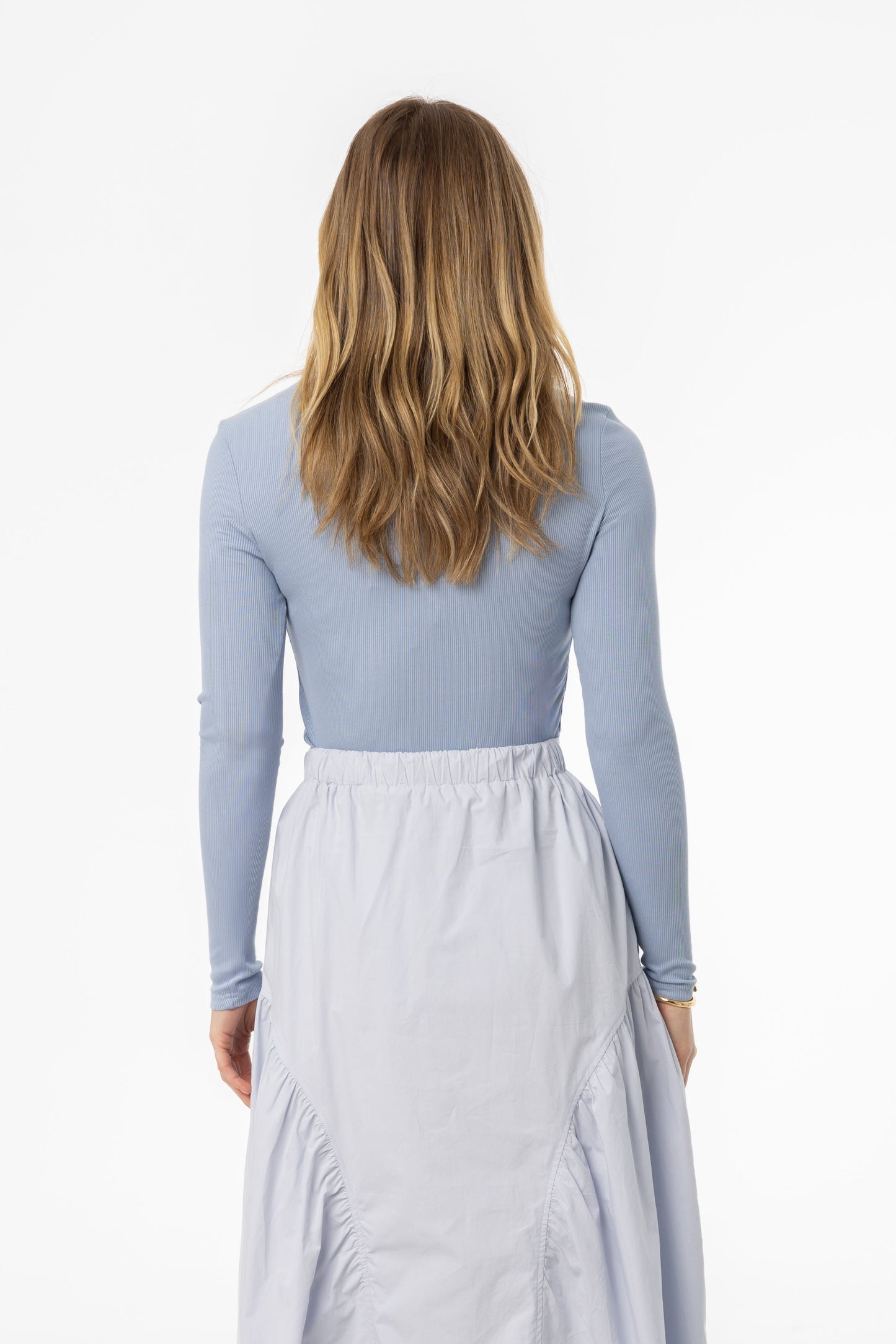 Blue Ribbed V Neck Long Sleeve T-Shirt