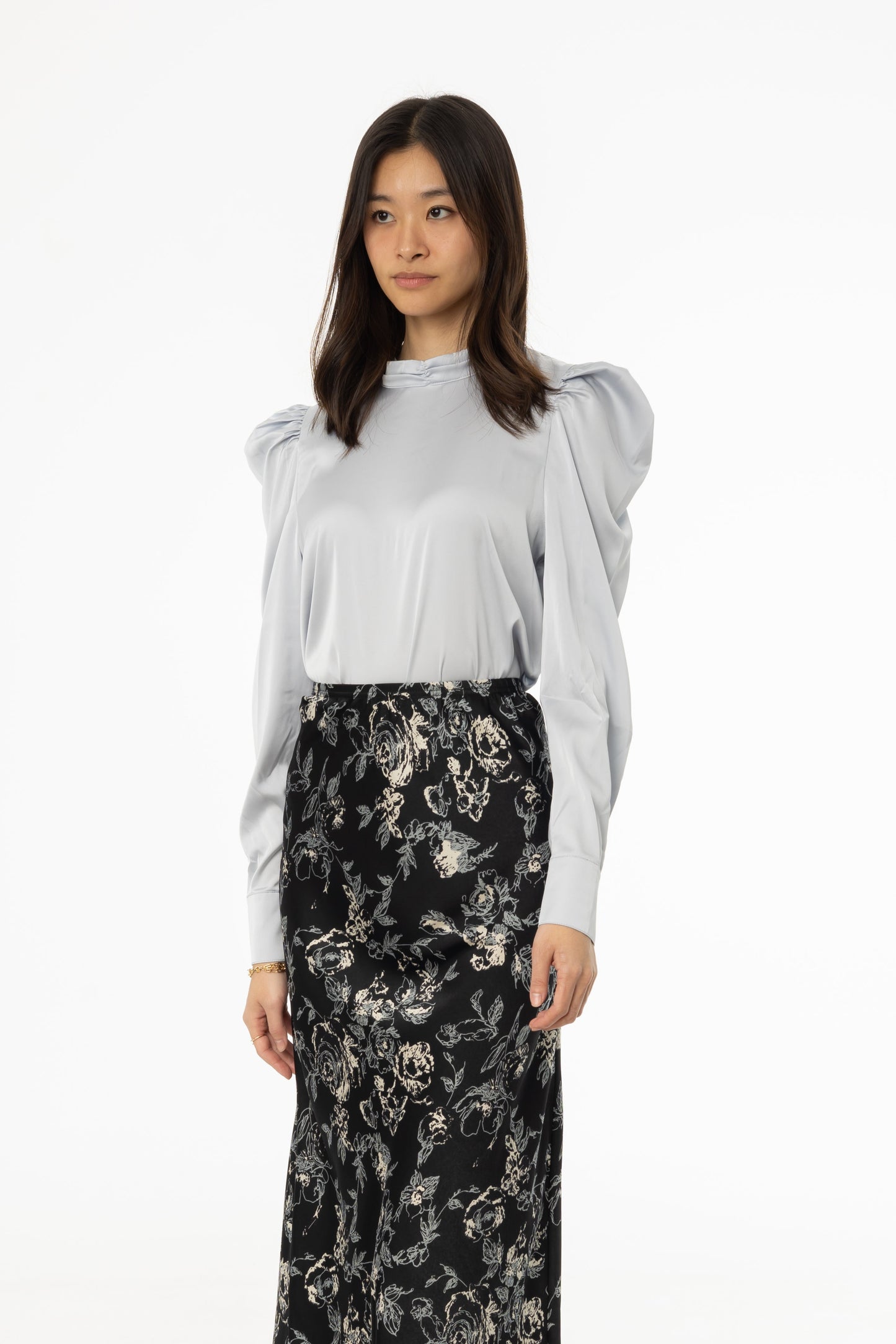 Blue Puff Sleeve Silky Blouse