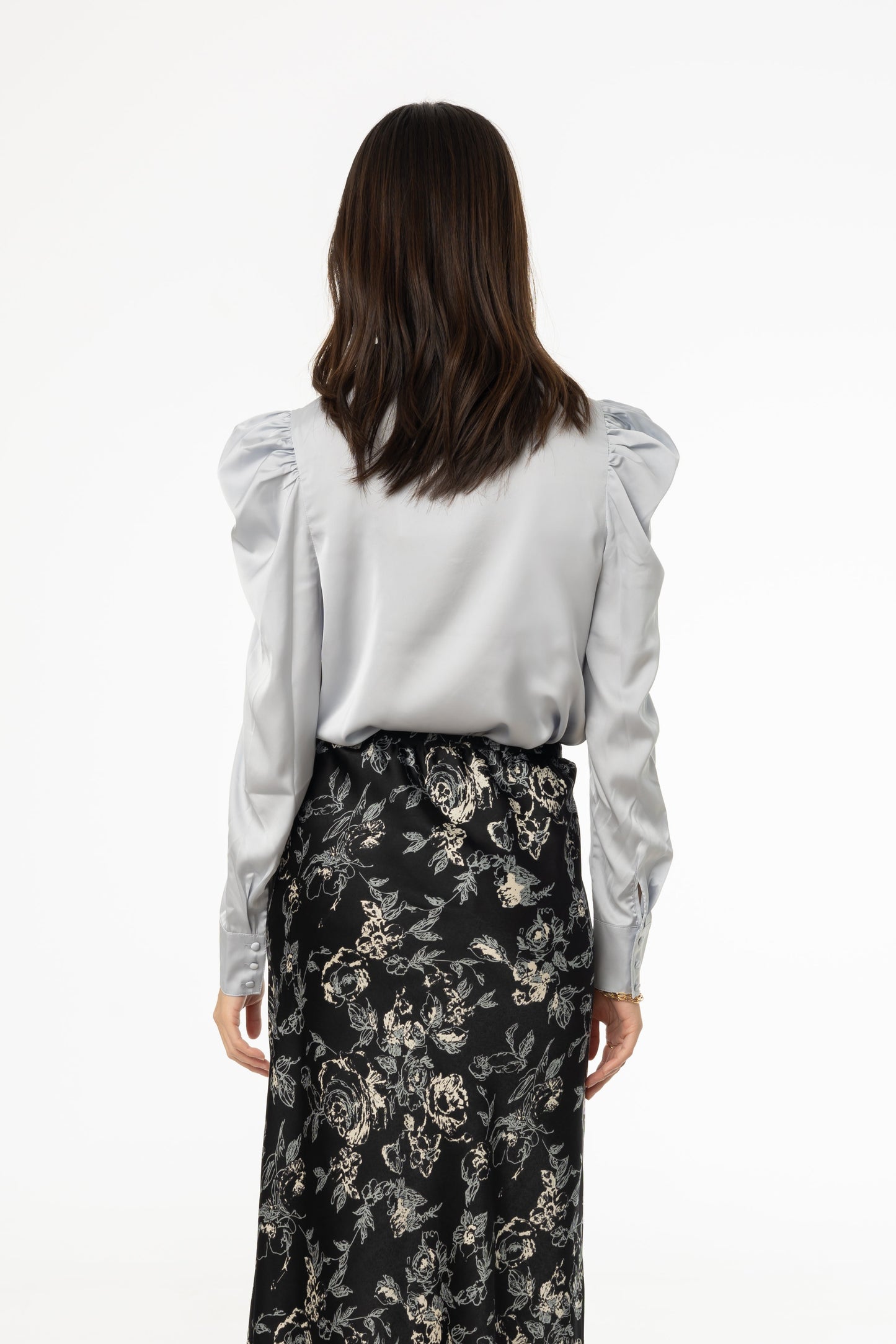 Blue Puff Sleeve Silky Blouse