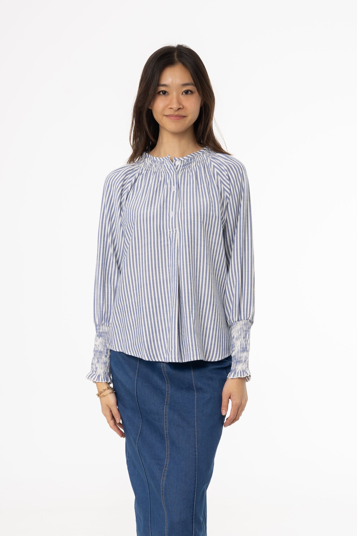 Blue Striped Smocked Raglan Sleeve Shirt