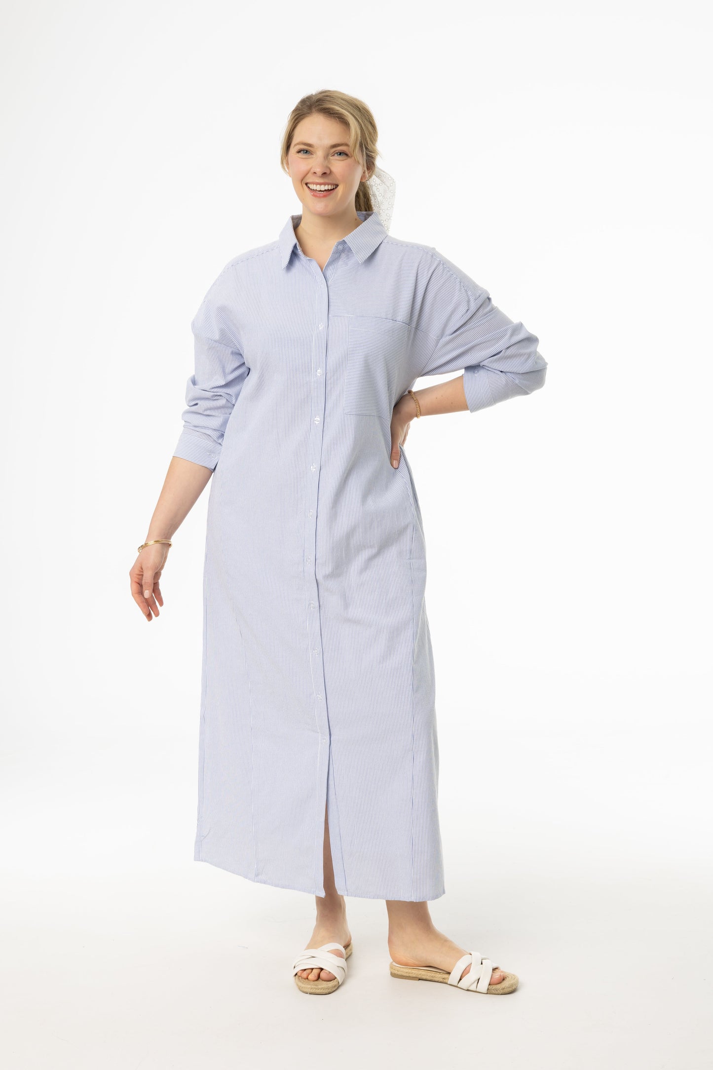 Blue Striped Maxi Shirt Dress