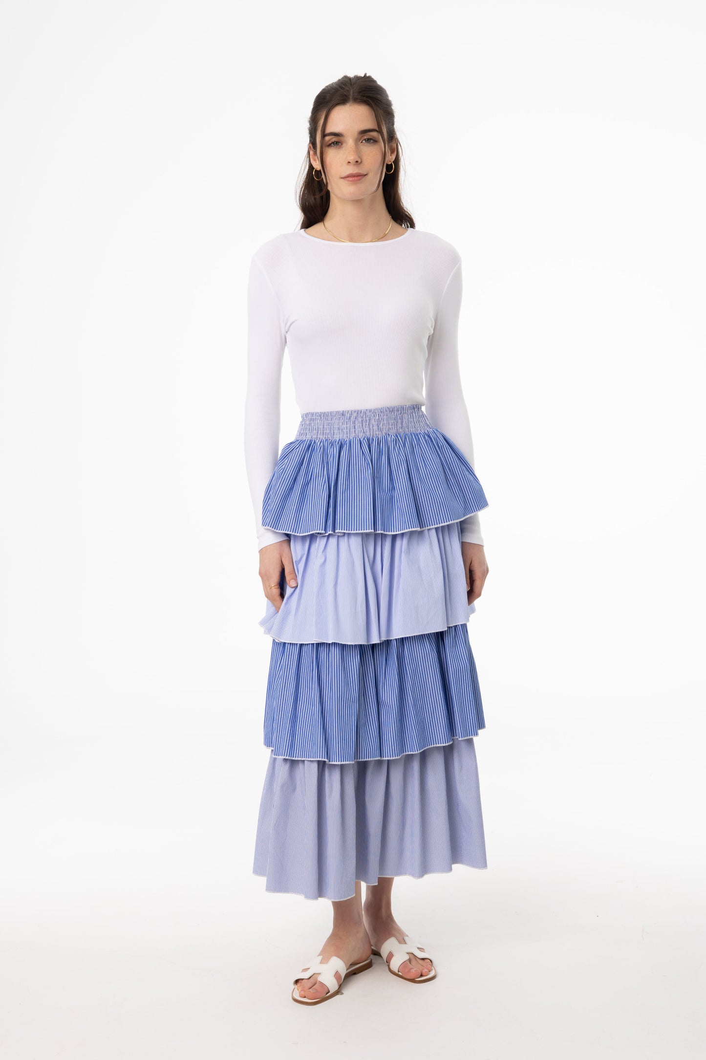 Blue Striped Ruffle Maxi Skirt