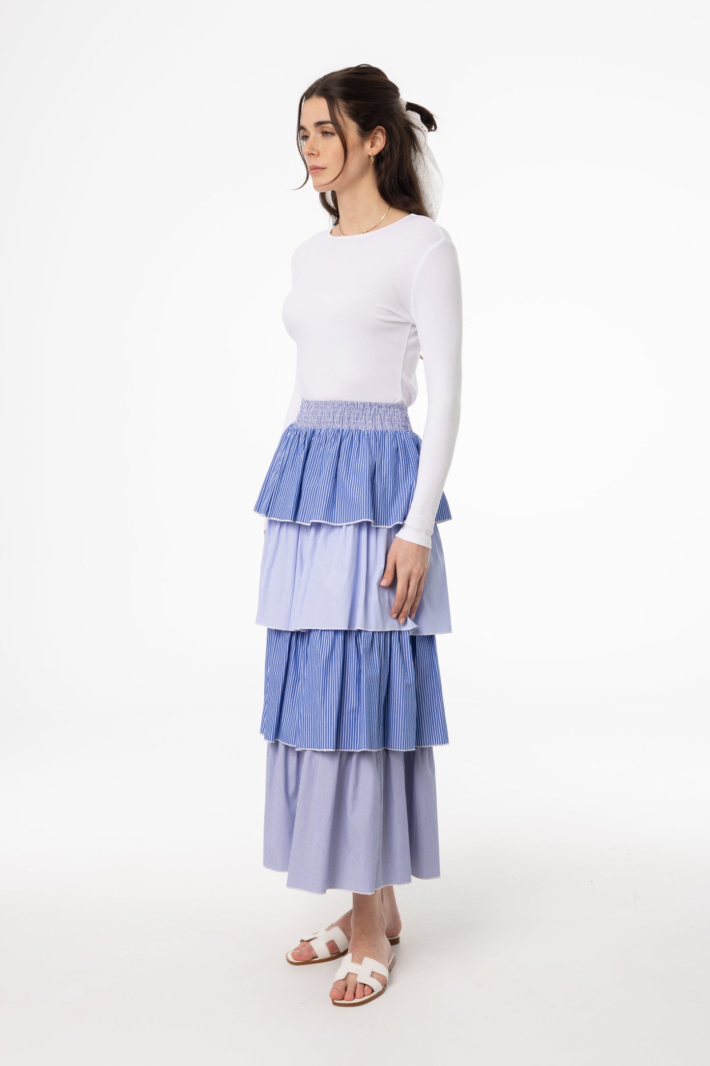 Blue Striped Ruffle Maxi Skirt