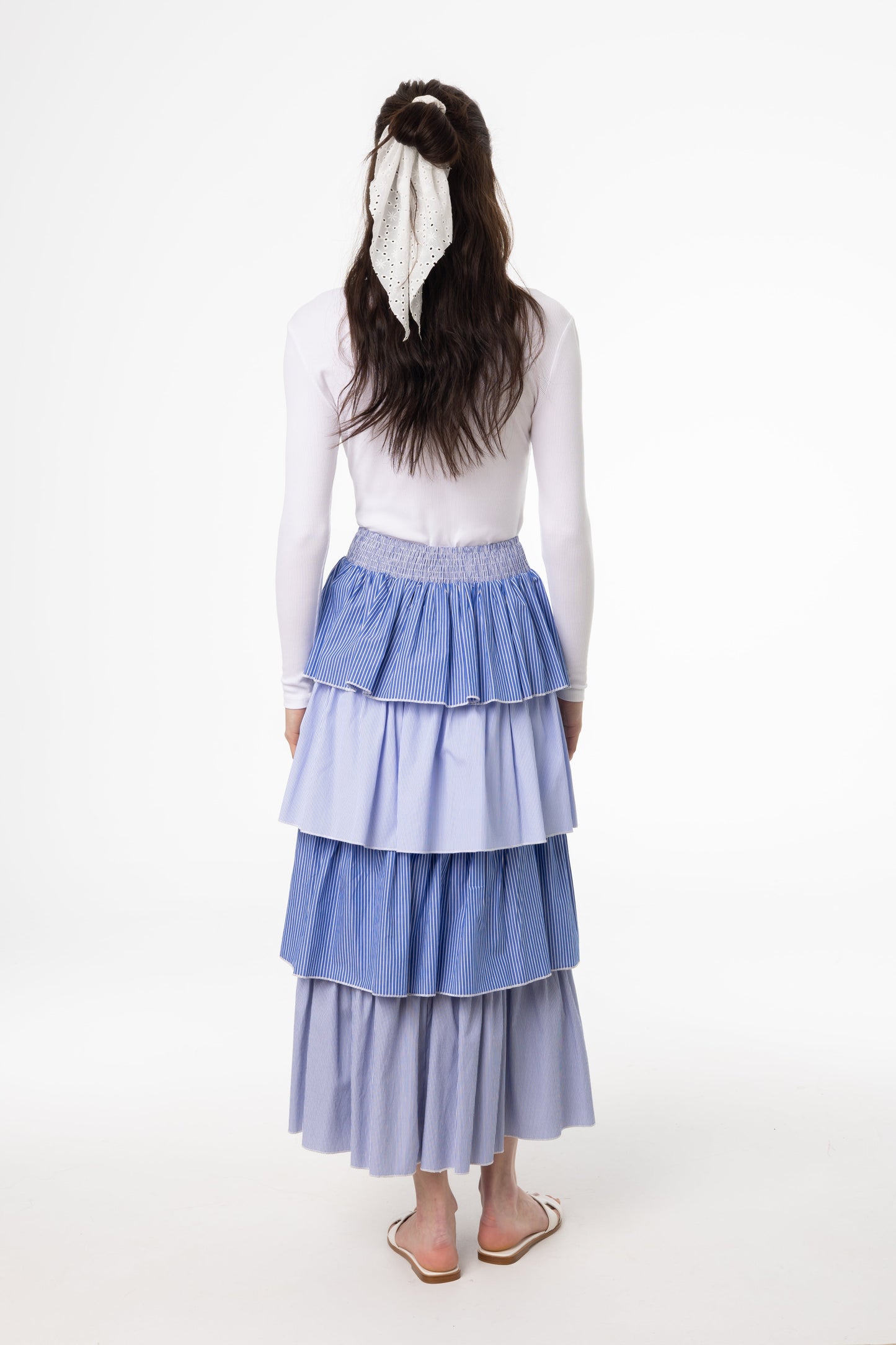 Blue Striped Ruffle Maxi Skirt