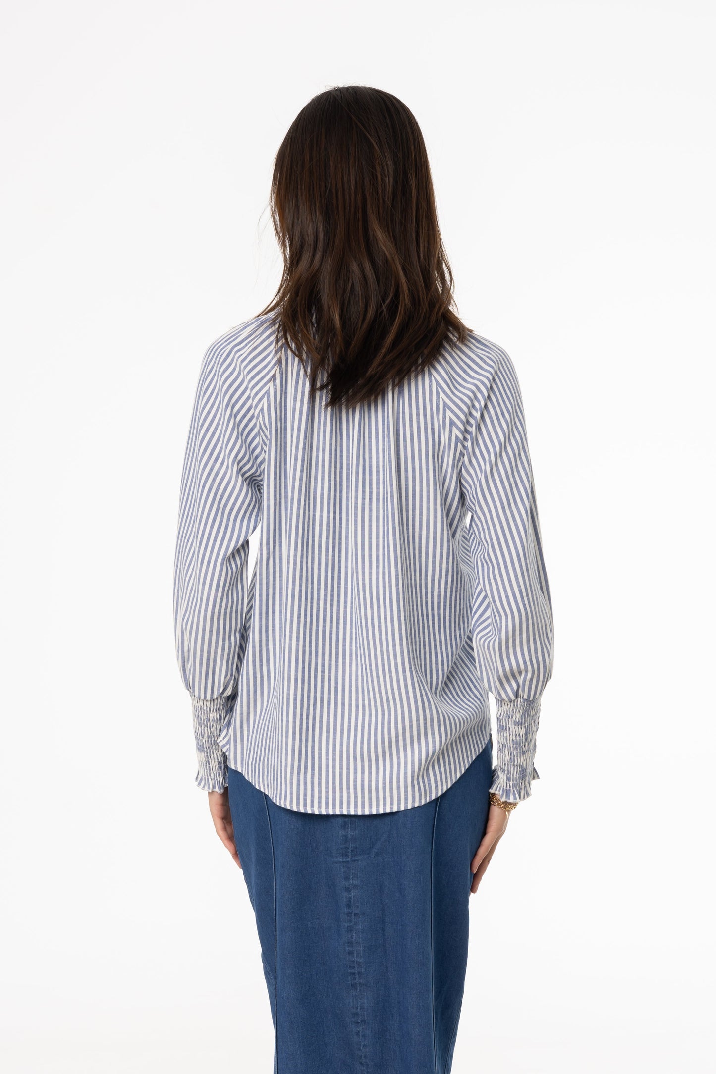 Blue Striped Smocked Raglan Sleeve Shirt