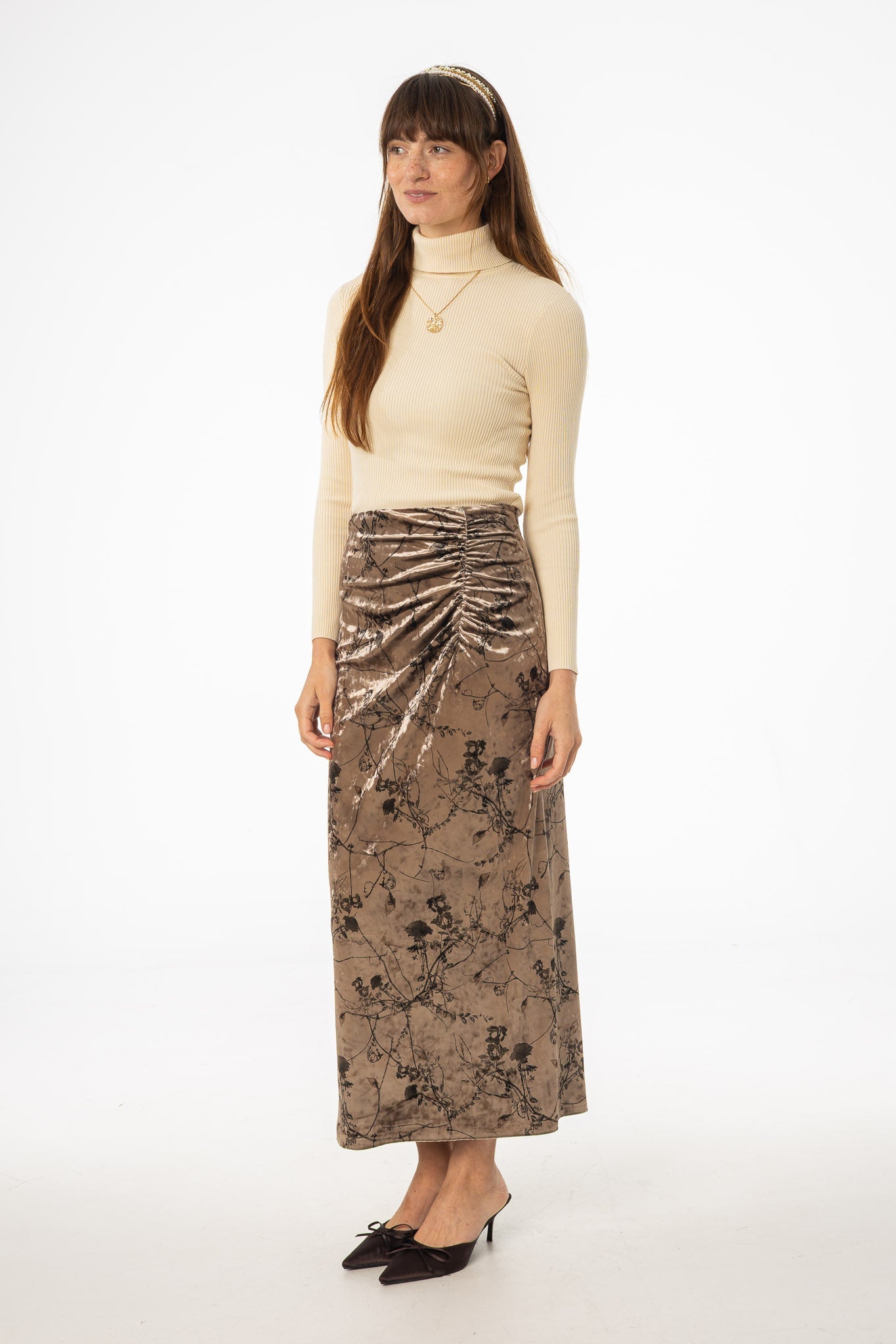 Brown Floral Crushed Velvet Skirt